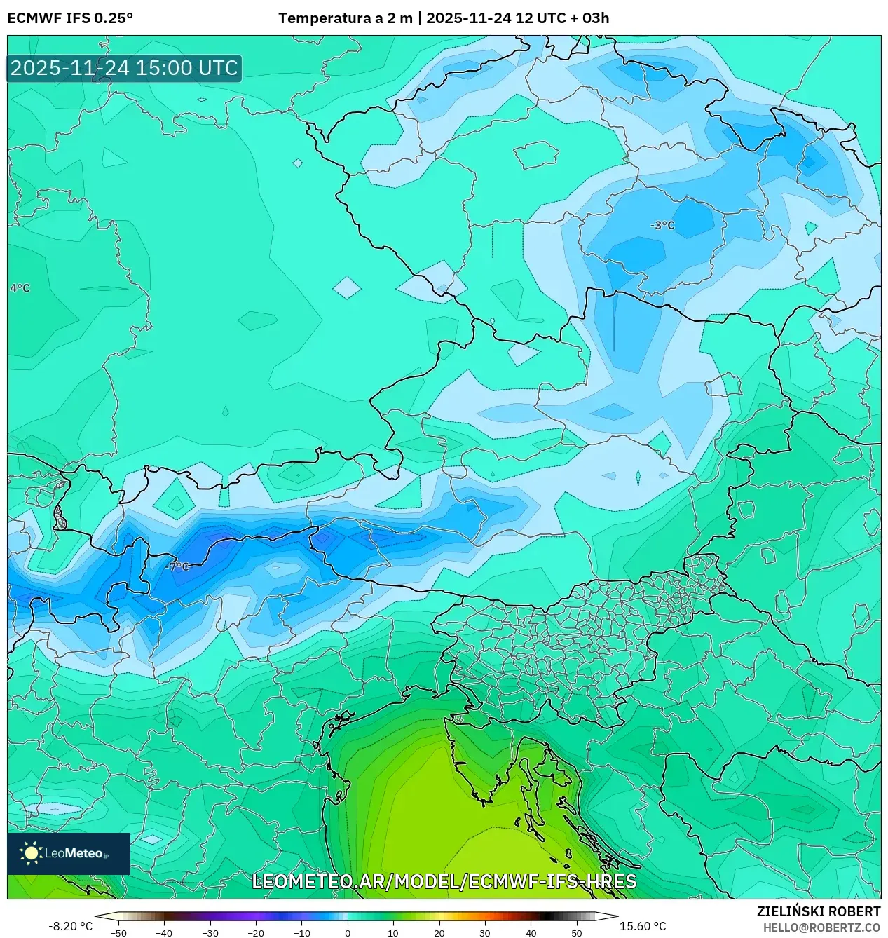 ECMWF IFS 0.25° model - Austria, Temperatura a 2 m