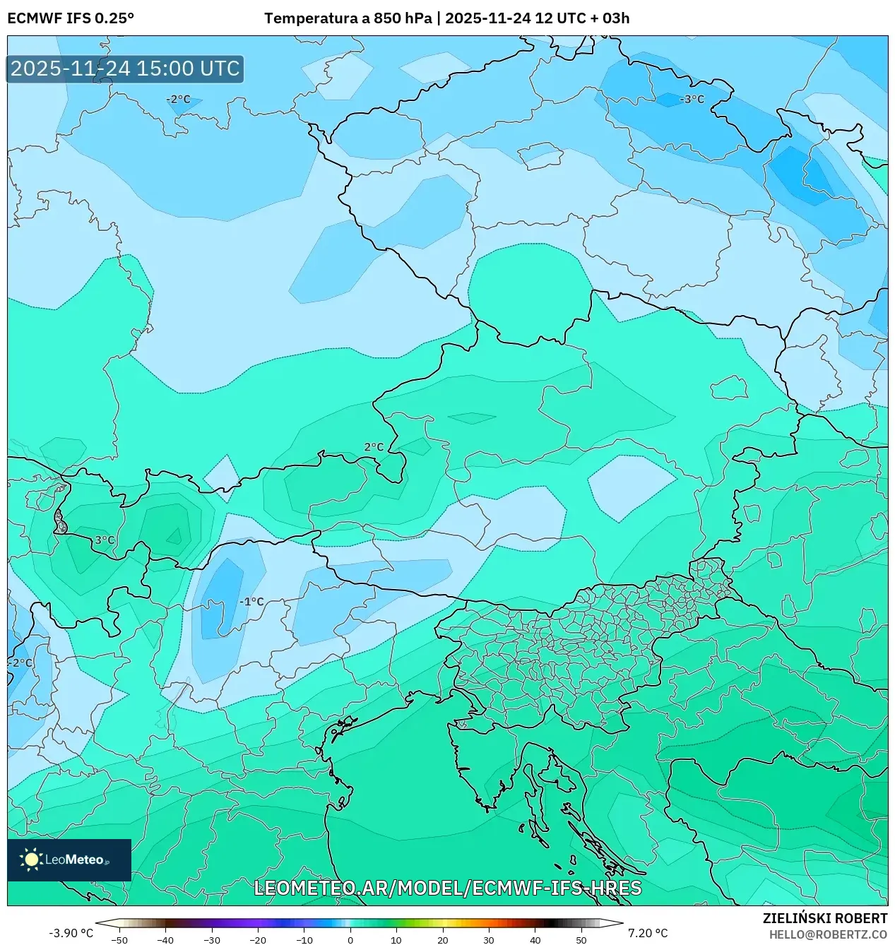 ECMWF IFS 0.25° model - Austria, Temperatura a 850 hPa