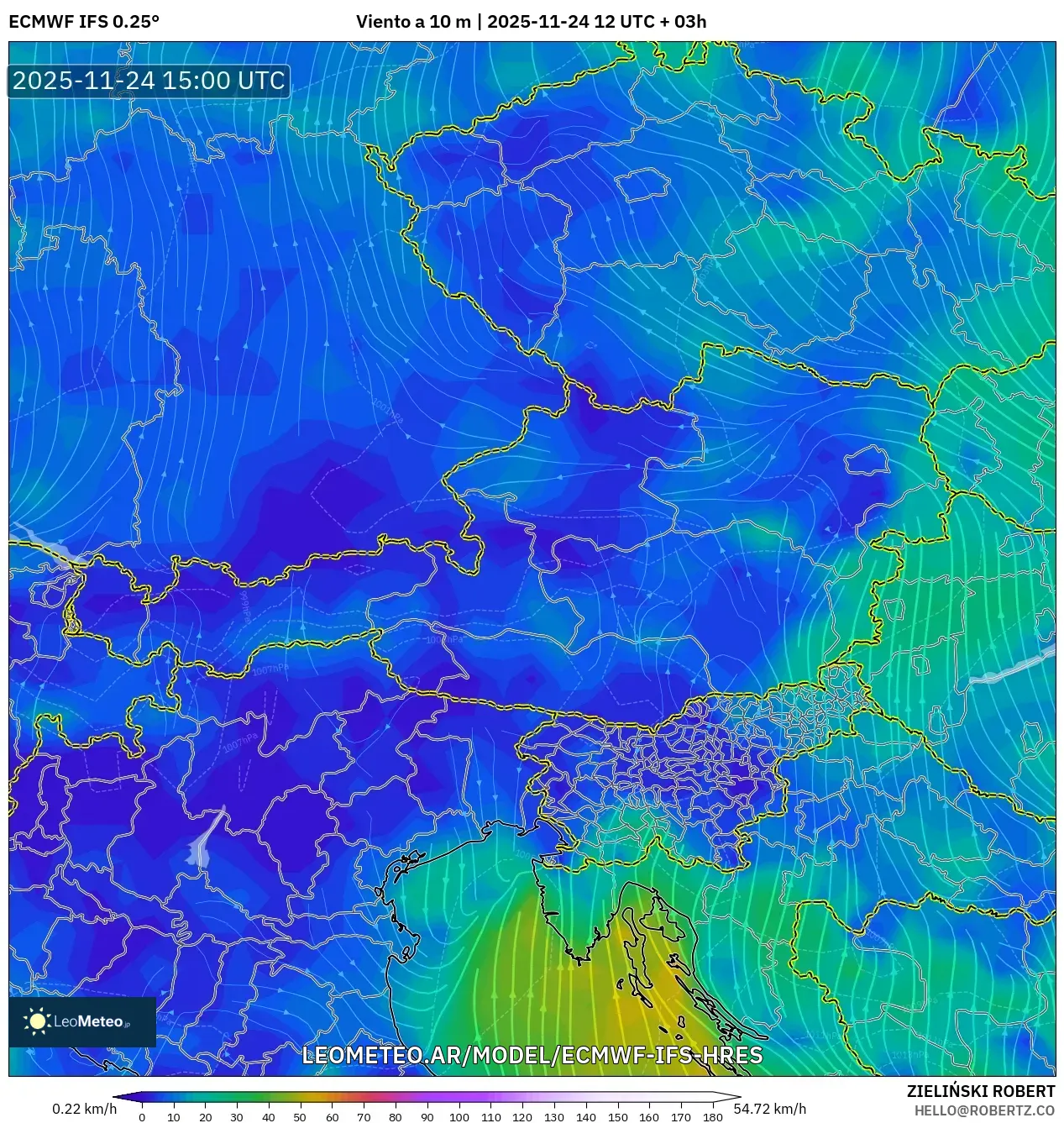 ECMWF IFS 0.25° model - Austria, Viento a 10 m