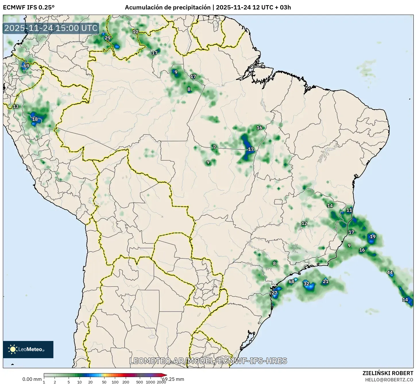 ECMWF IFS 0.25° model - Brasil, Acumulación de precipitación