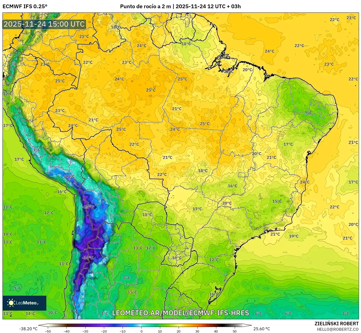 ECMWF IFS 0.25° model - Brasil, Punto de rocío a 2 m
