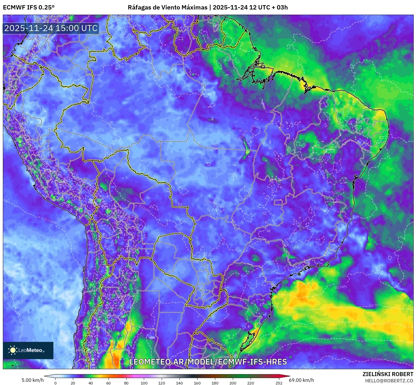 ECMWF IFS 0.25° model - Brasil, Ráfagas de Viento Máximas