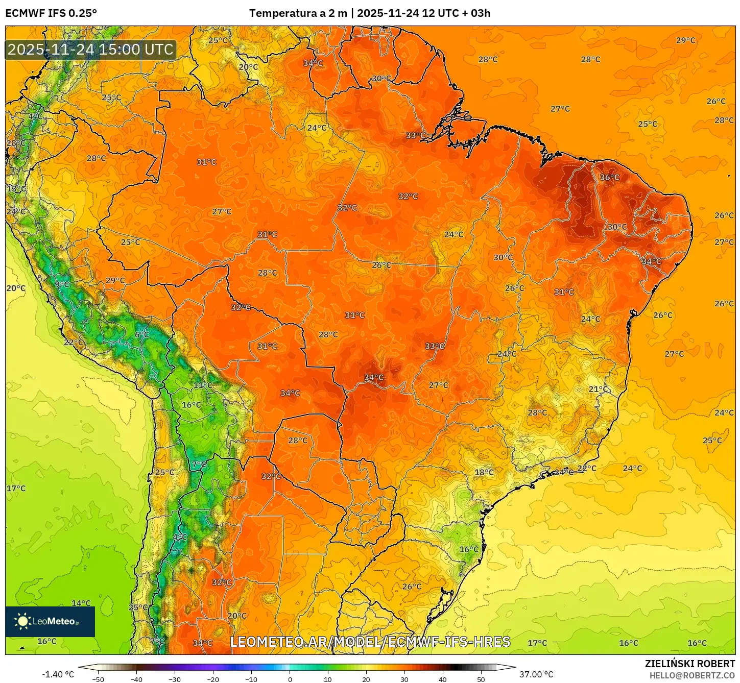 ECMWF IFS 0.25° model - Brasil, Temperatura a 2 m