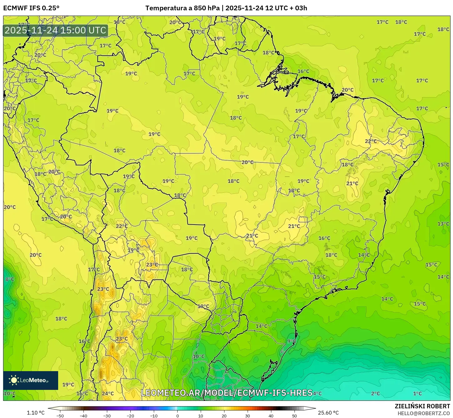ECMWF IFS 0.25° model - Brasil, Temperatura a 850 hPa