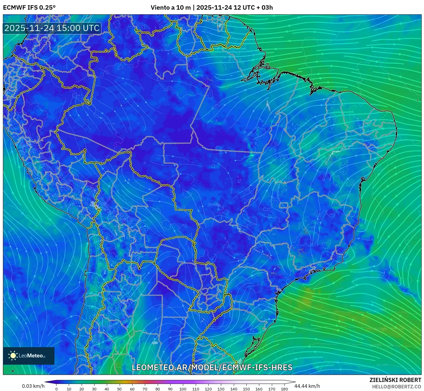 ECMWF IFS 0.25° model - Brasil, Viento a 10 m
