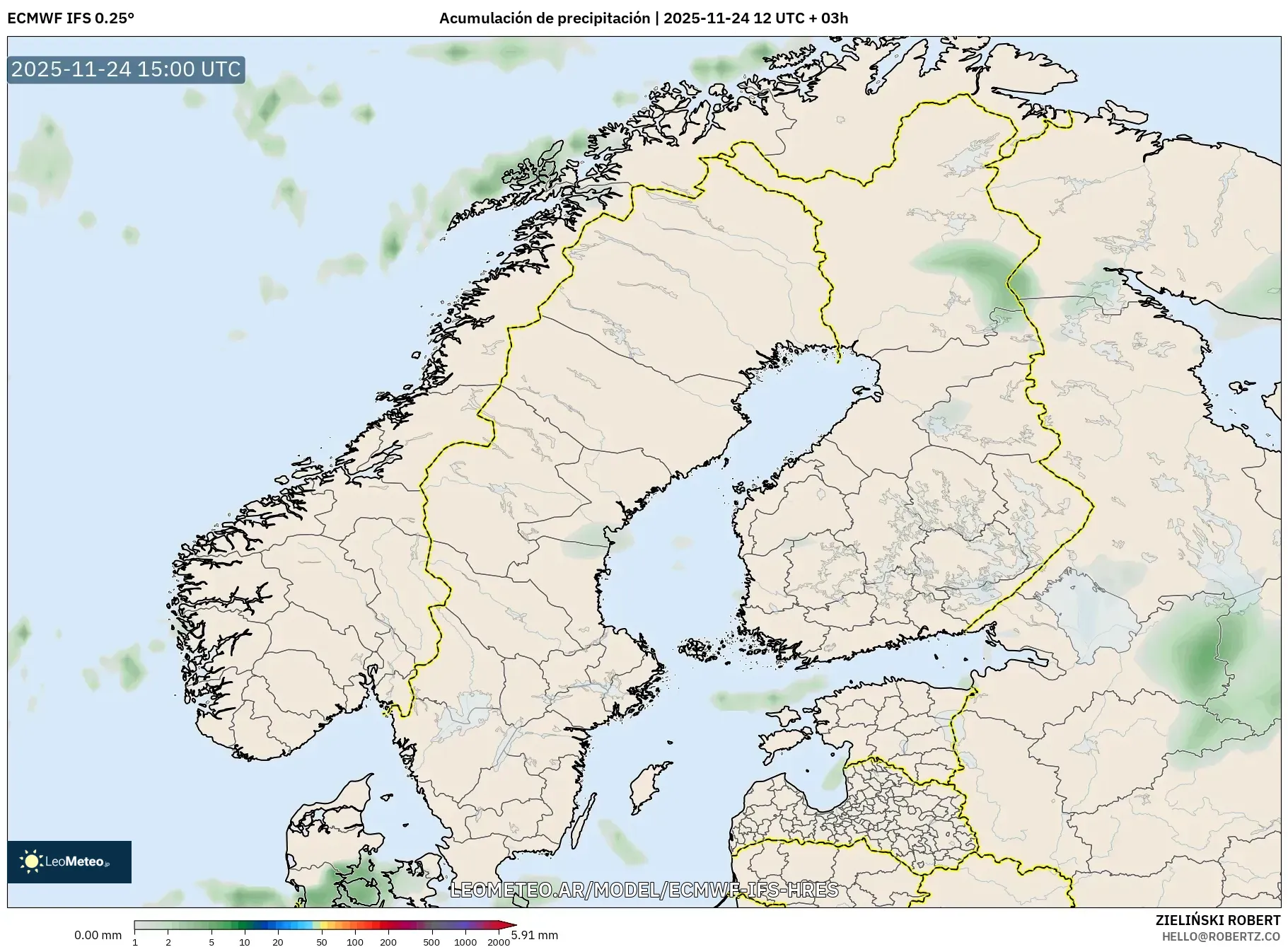ECMWF IFS 0.25° model - Escandinavia, Acumulación de precipitación
