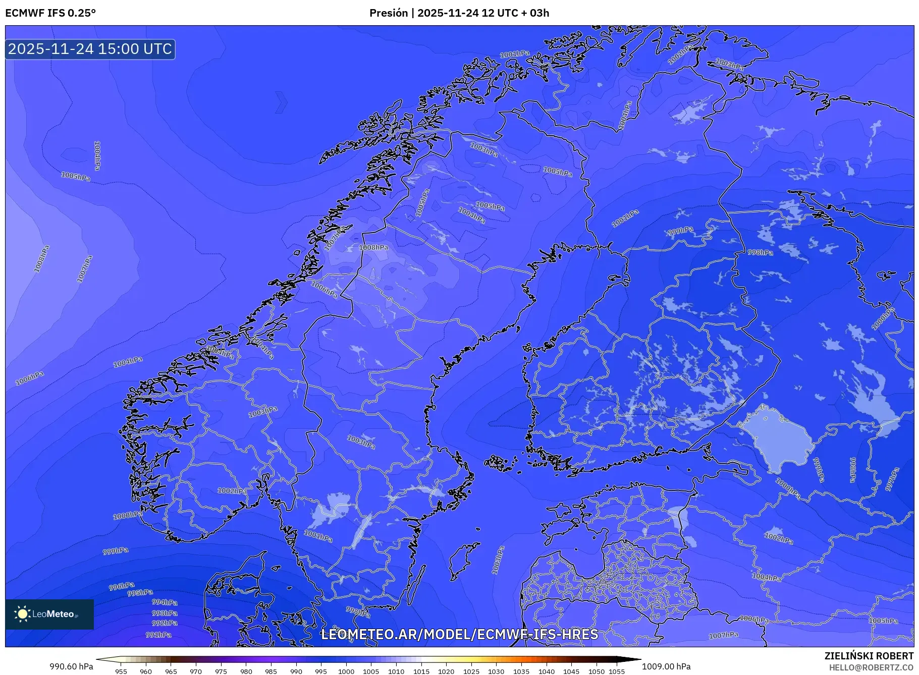 ECMWF IFS 0.25° model - Escandinavia, Presión