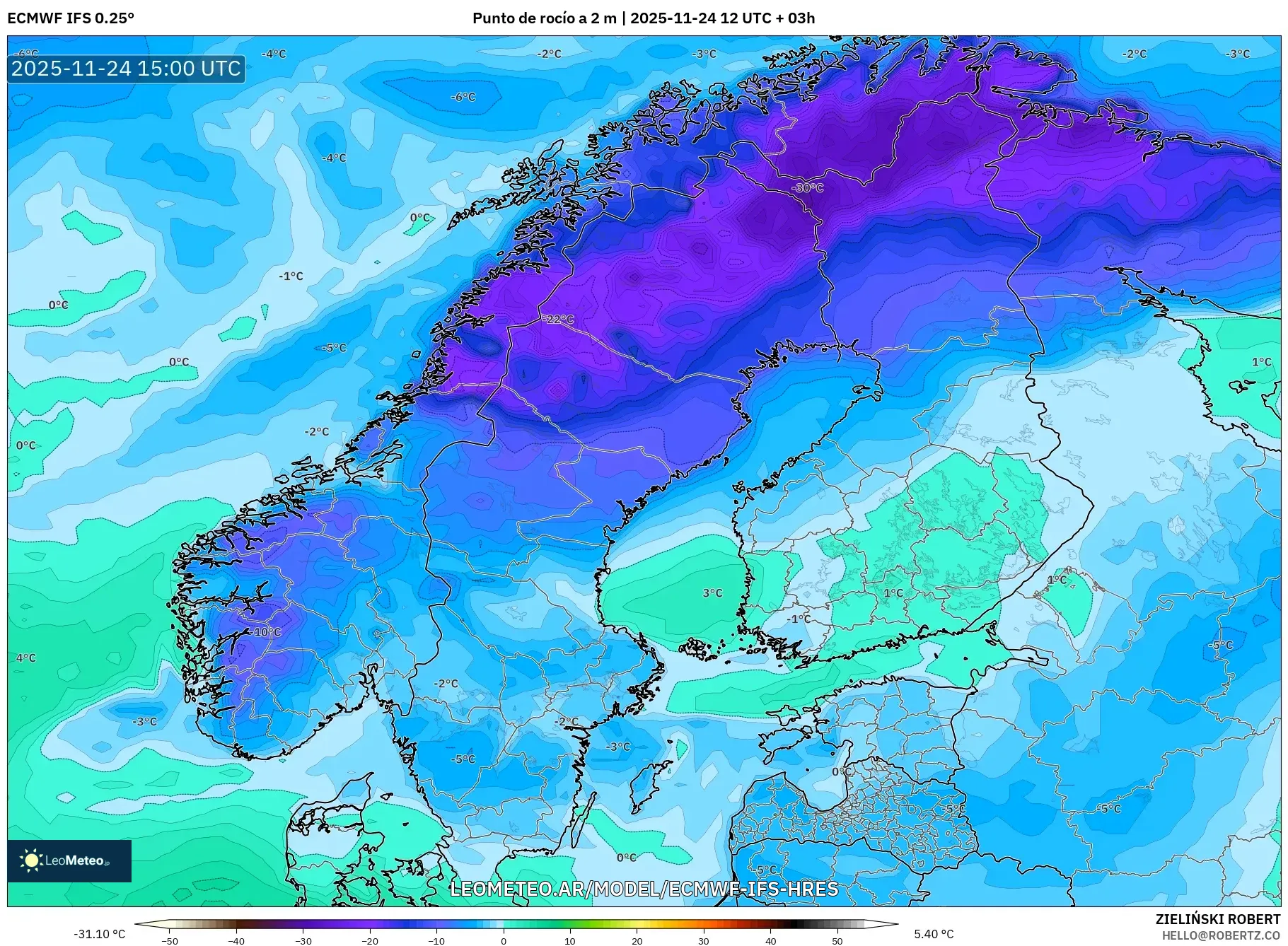 ECMWF IFS 0.25° model - Escandinavia, Punto de rocío a 2 m