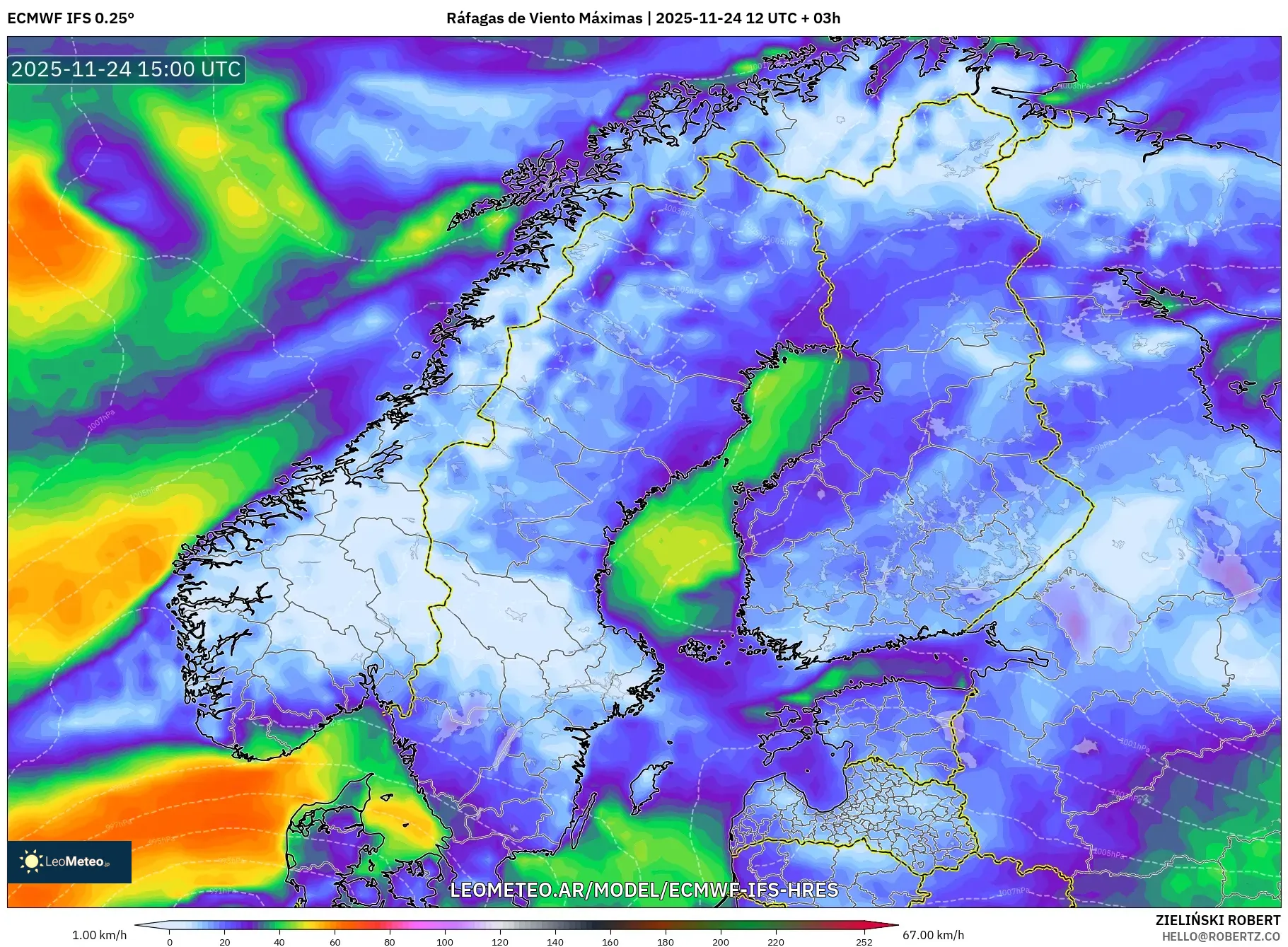ECMWF IFS 0.25° model - Escandinavia, Ráfagas de Viento Máximas
