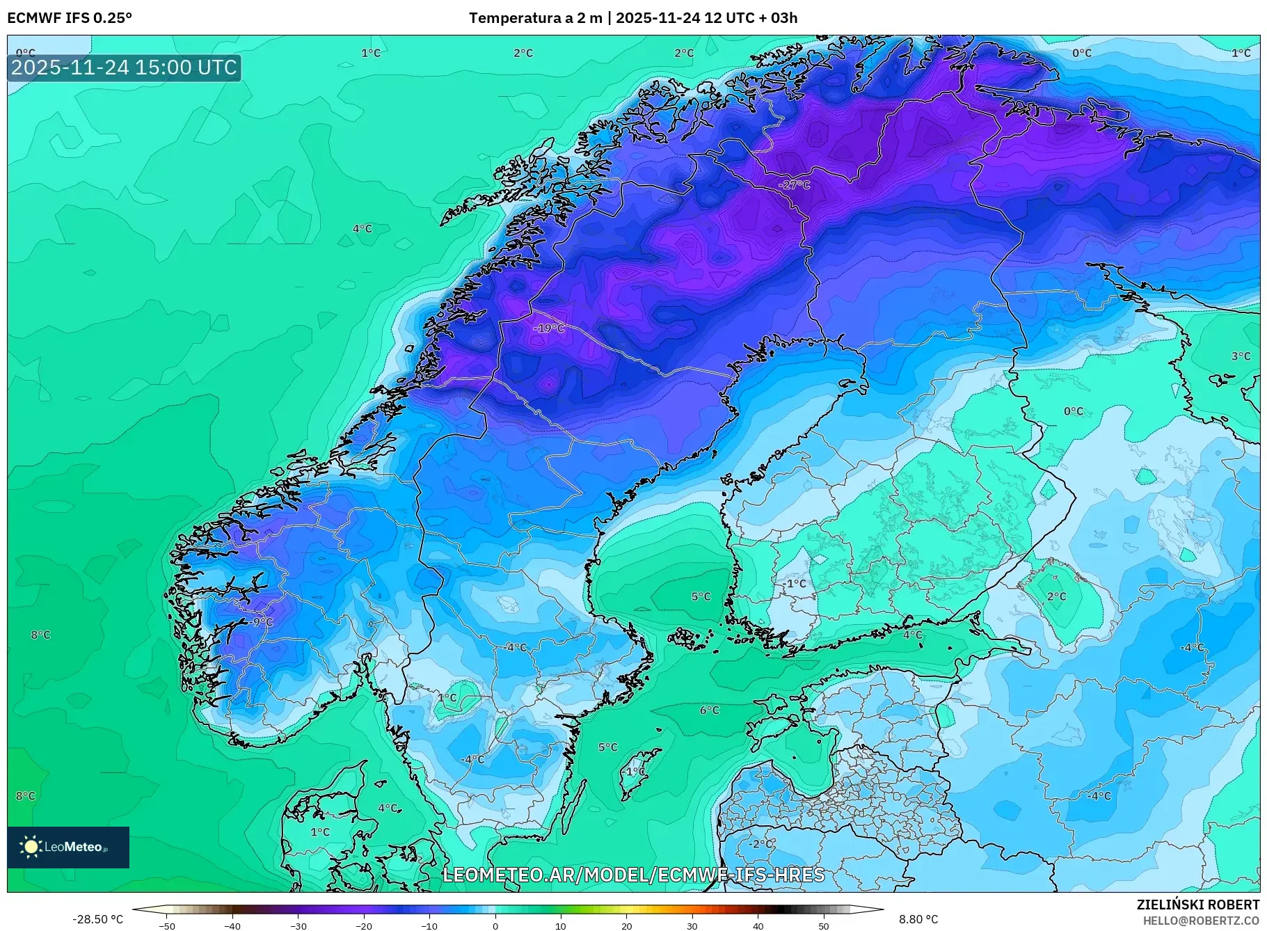 ECMWF IFS 0.25° model - Escandinavia, Temperatura a 2 m