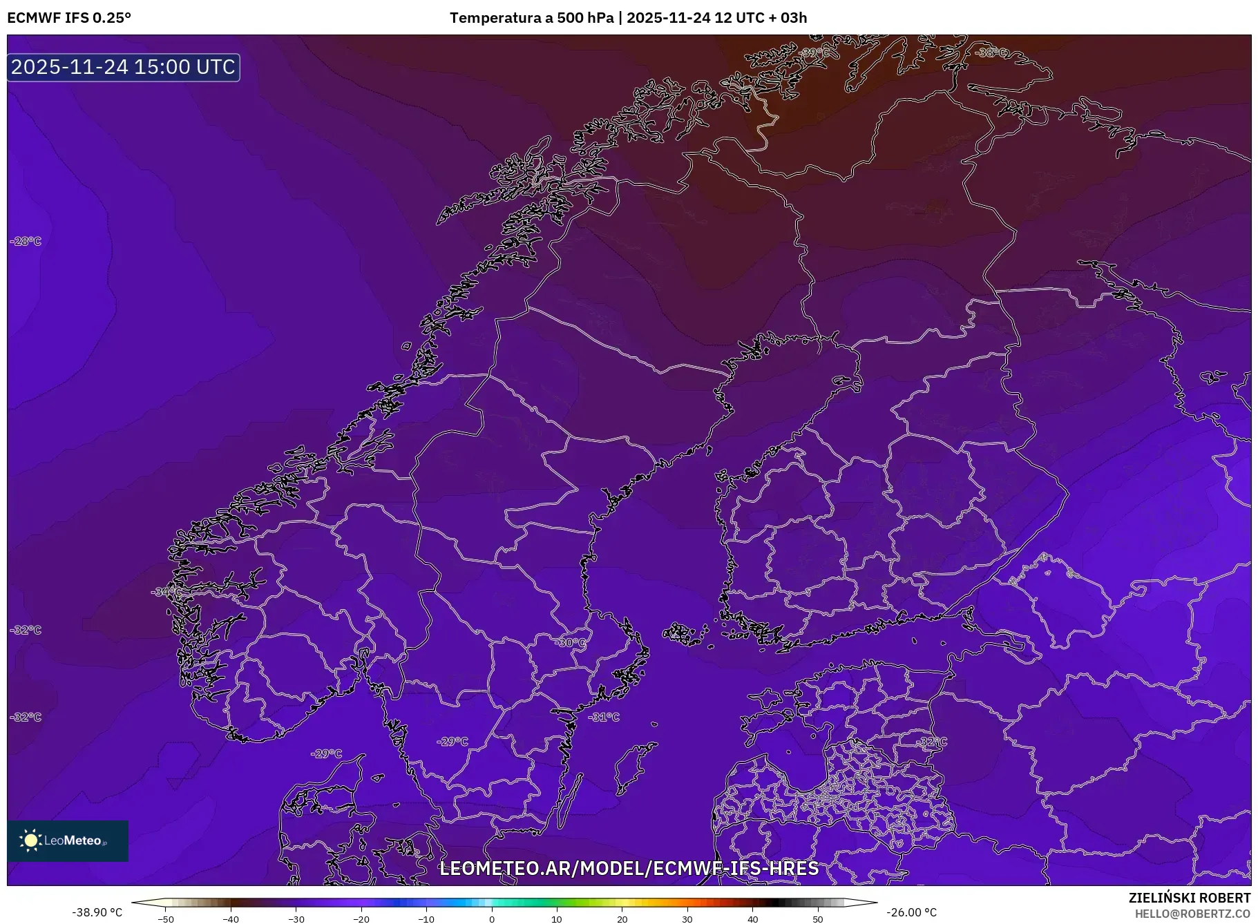 ECMWF IFS 0.25° model - Escandinavia, Temperatura a 500 hPa