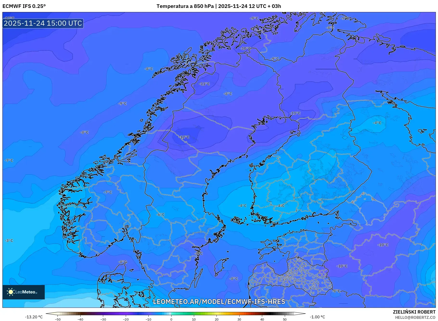 ECMWF IFS 0.25° model - Escandinavia, Temperatura a 850 hPa