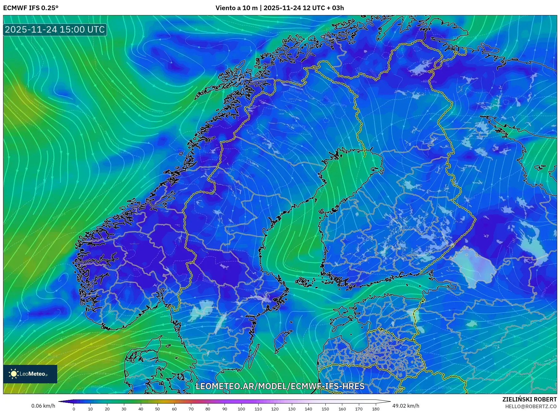 ECMWF IFS 0.25° model - Escandinavia, Viento a 10 m