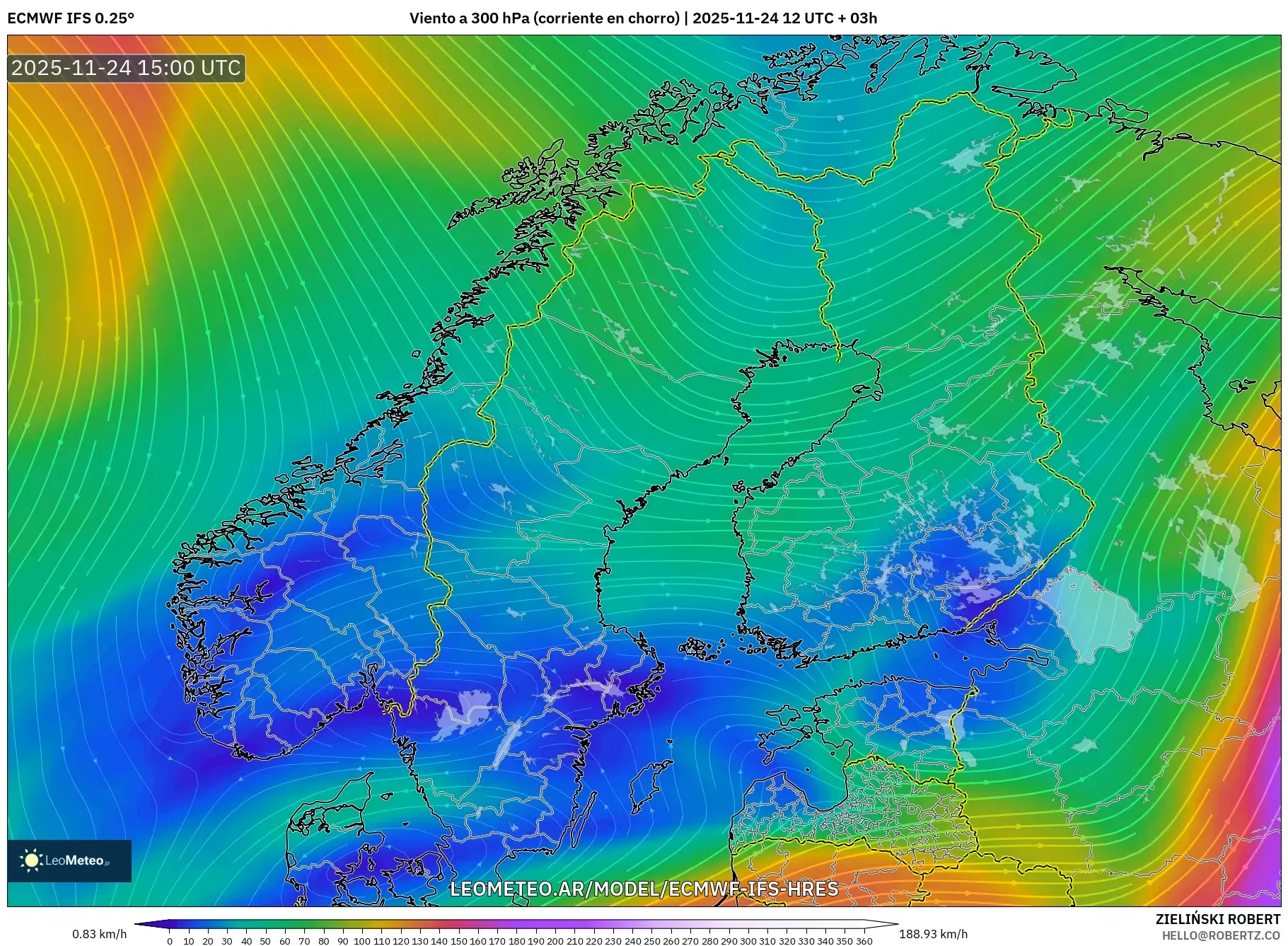 ECMWF IFS 0.25° model - Escandinavia, Viento a 300 hPa (corriente en chorro)