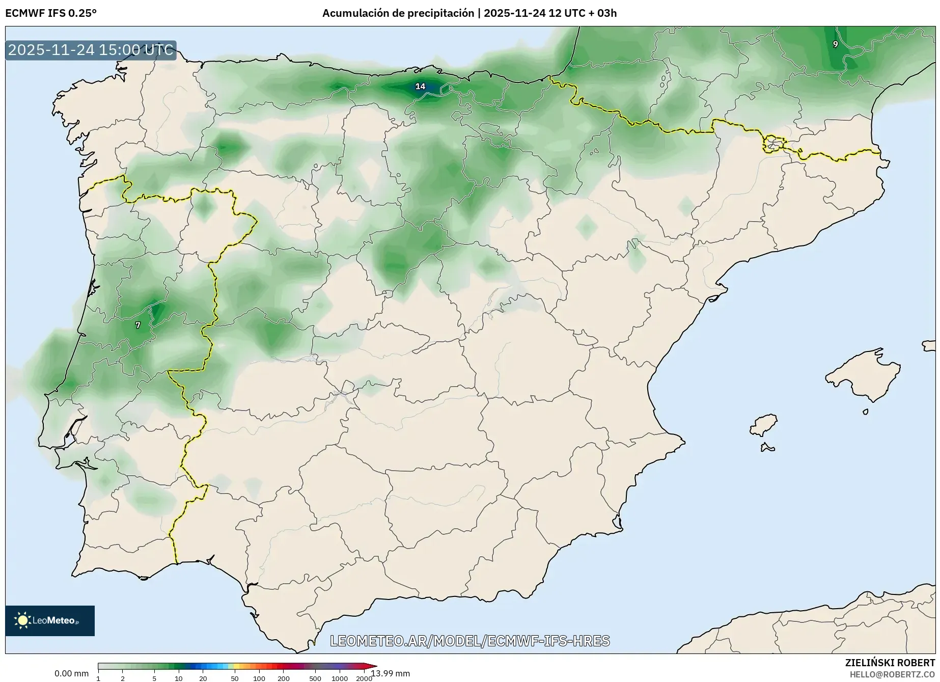 ECMWF IFS 0.25° model - España, Acumulación de precipitación