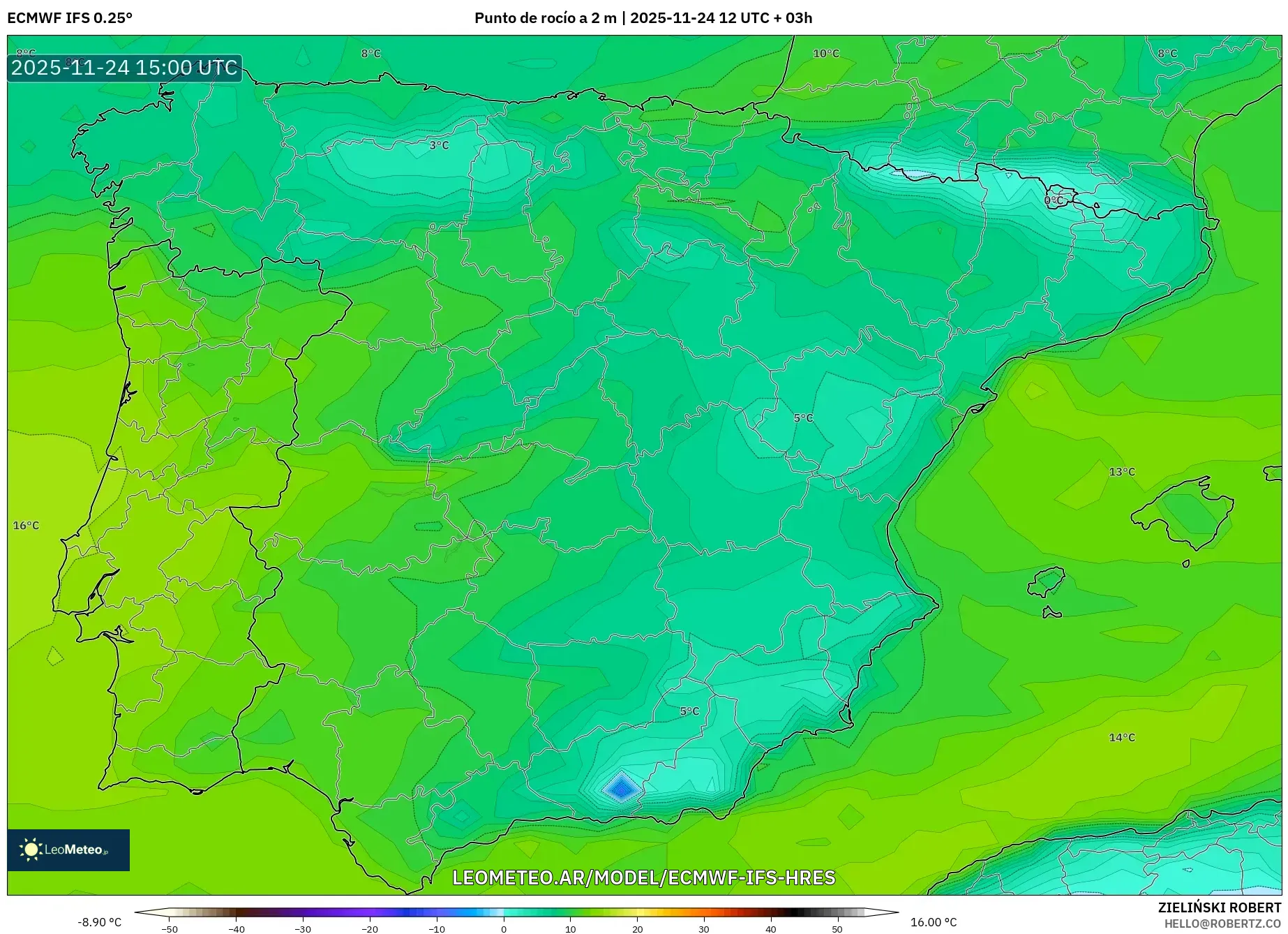 ECMWF IFS 0.25° model - España, Punto de rocío a 2 m