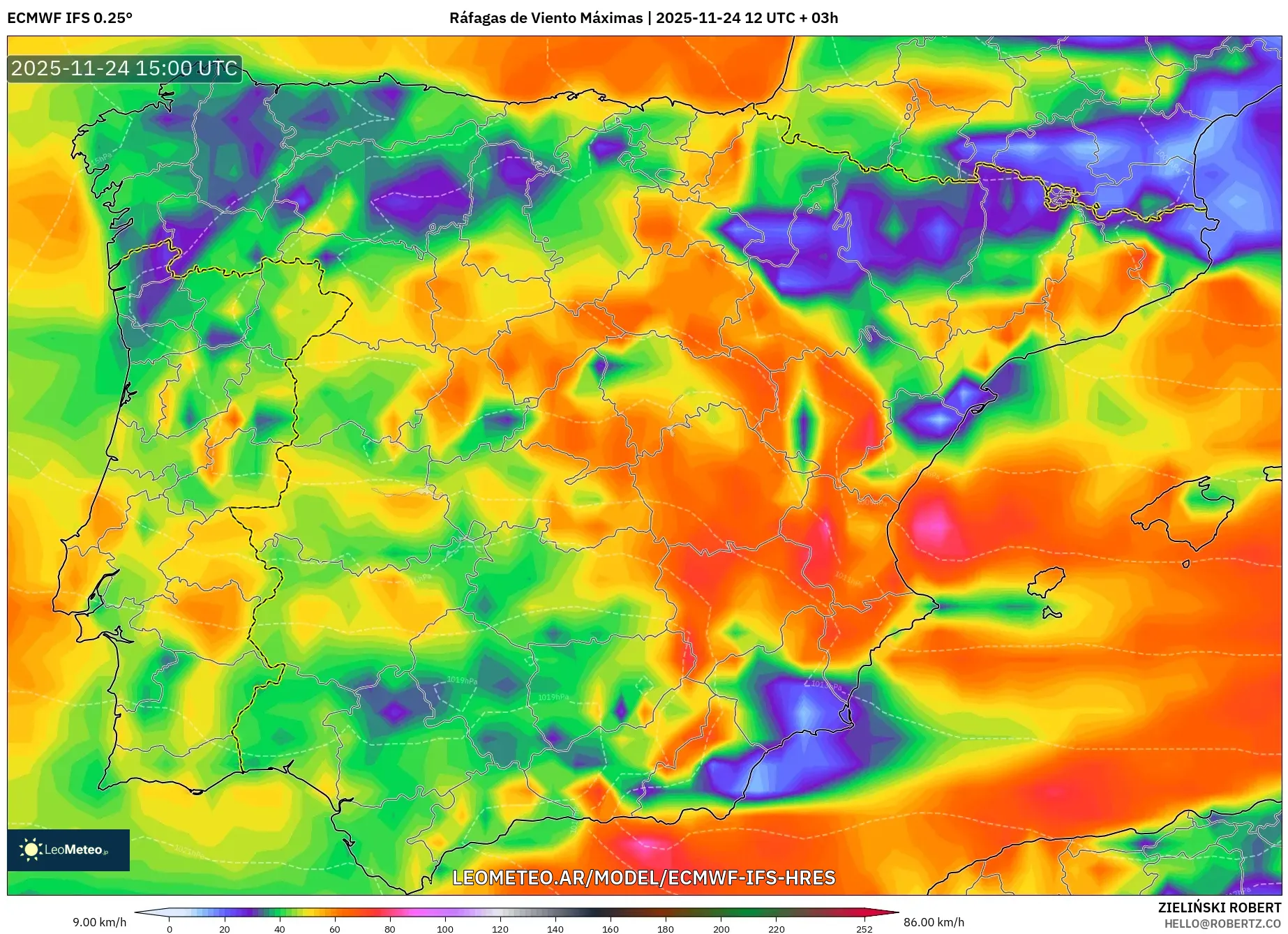 ECMWF IFS 0.25° model - España, Ráfagas de Viento Máximas