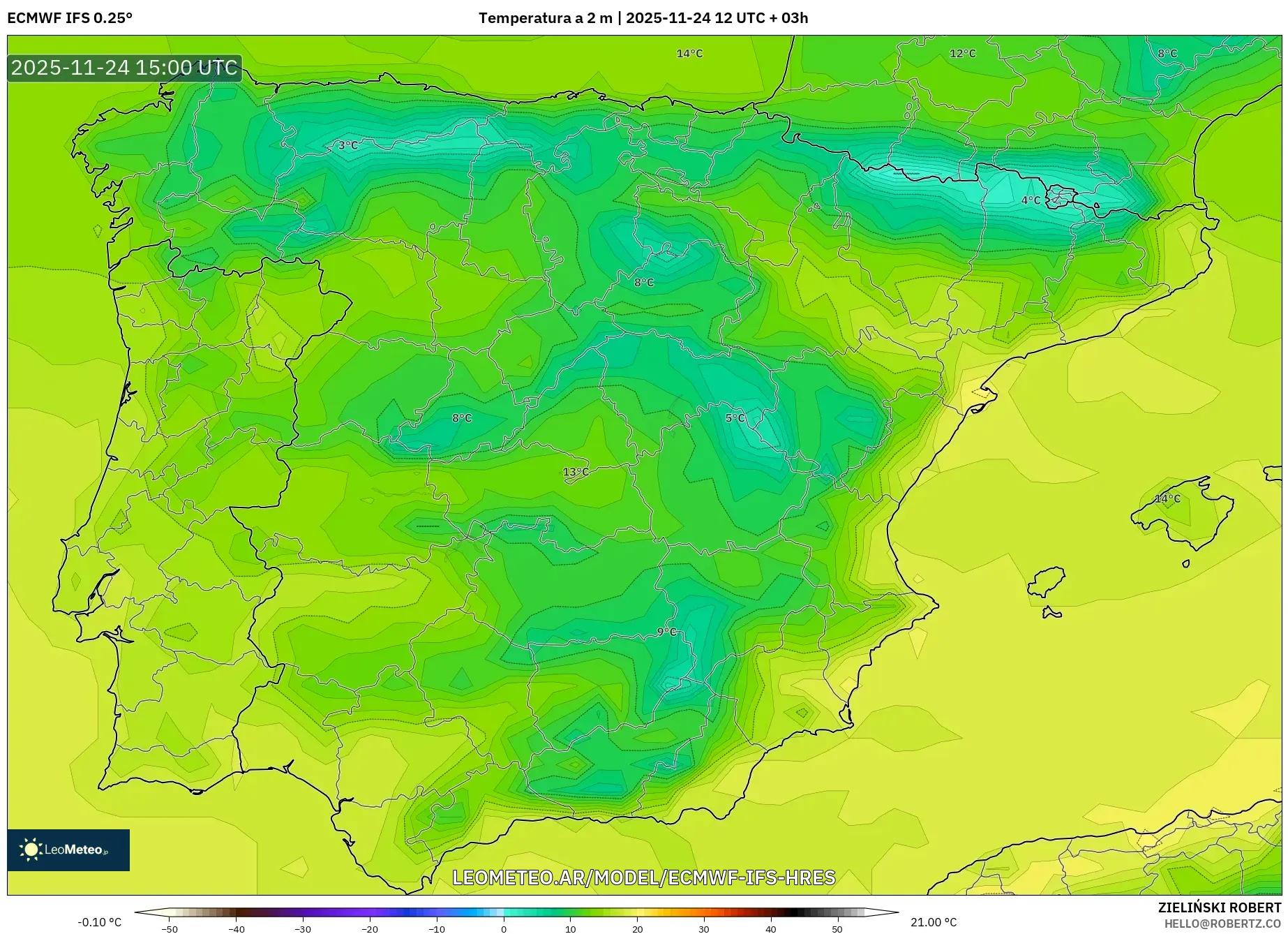 ECMWF IFS 0.25° model - España, Temperatura a 2 m
