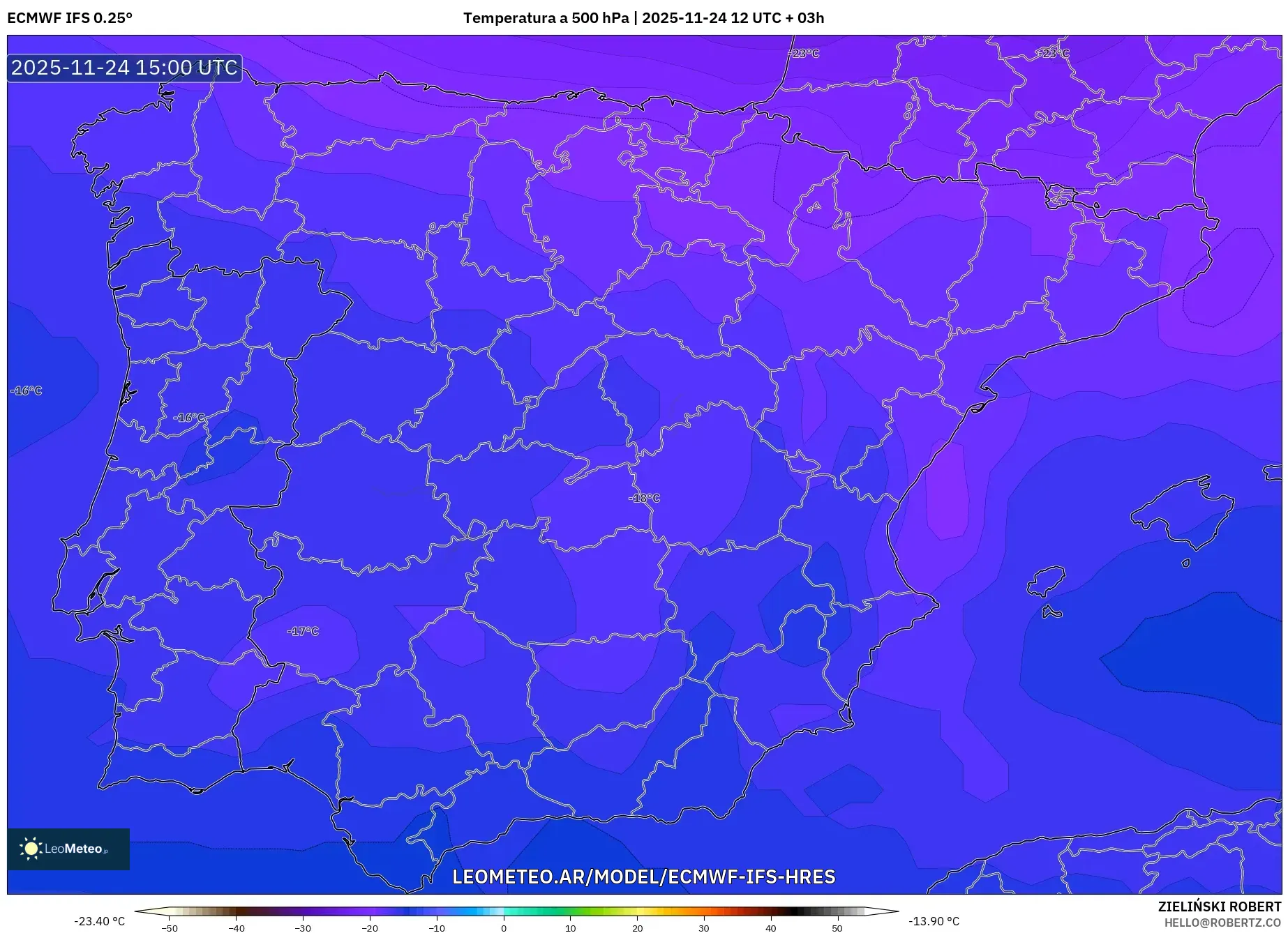 ECMWF IFS 0.25° model - España, Temperatura a 500 hPa