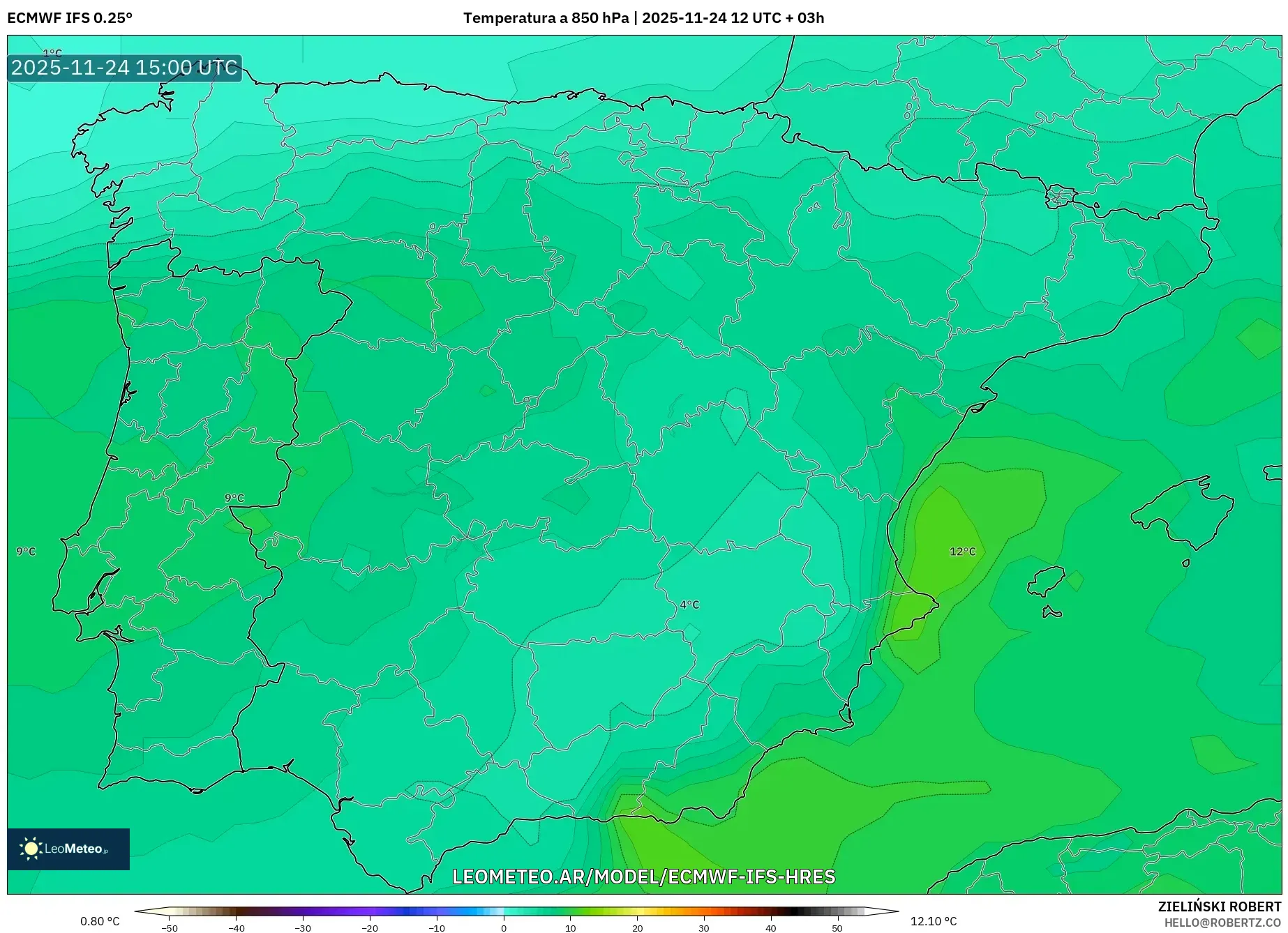 ECMWF IFS 0.25° model - España, Temperatura a 850 hPa