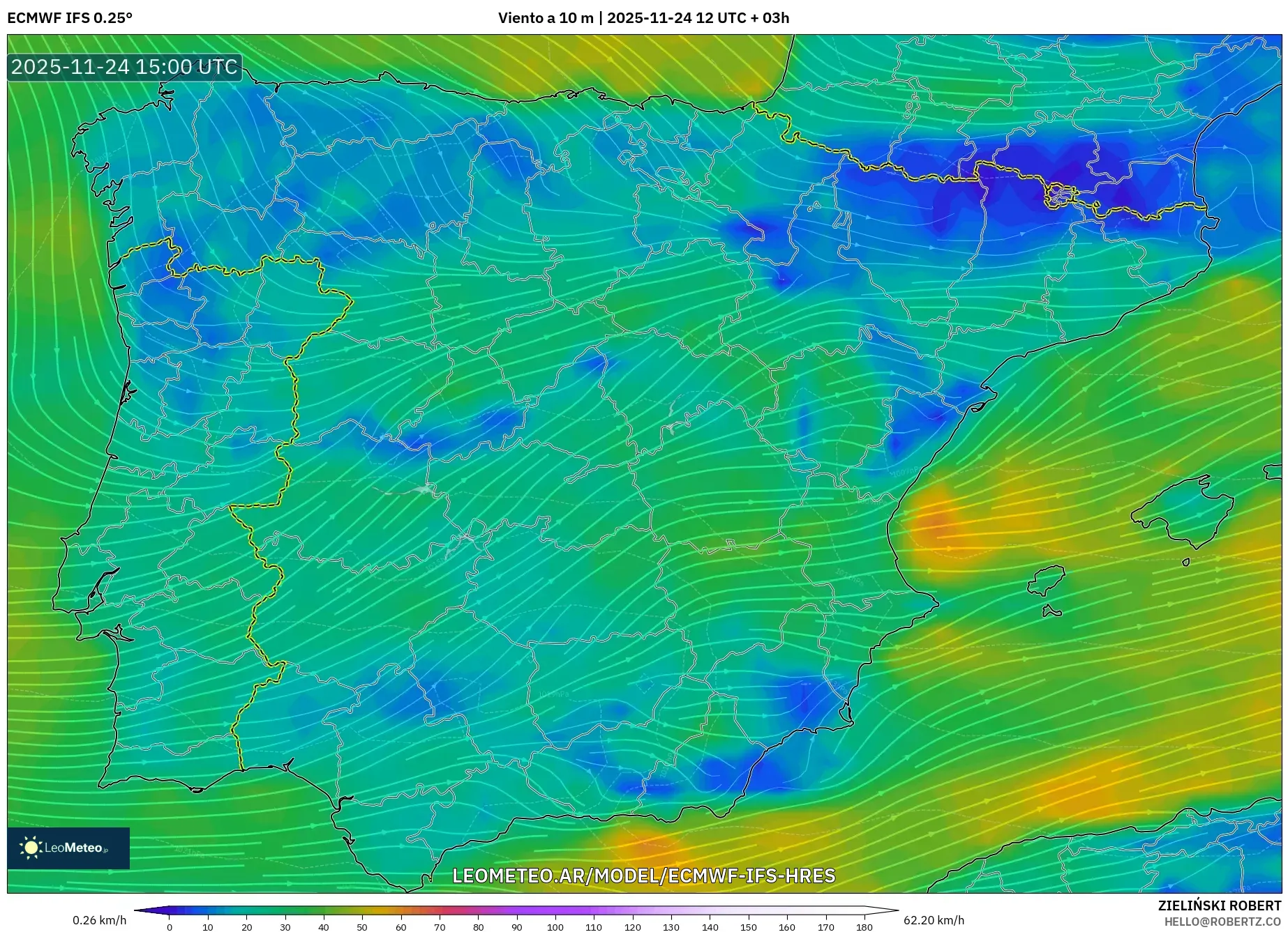 ECMWF IFS 0.25° model - España, Viento a 10 m