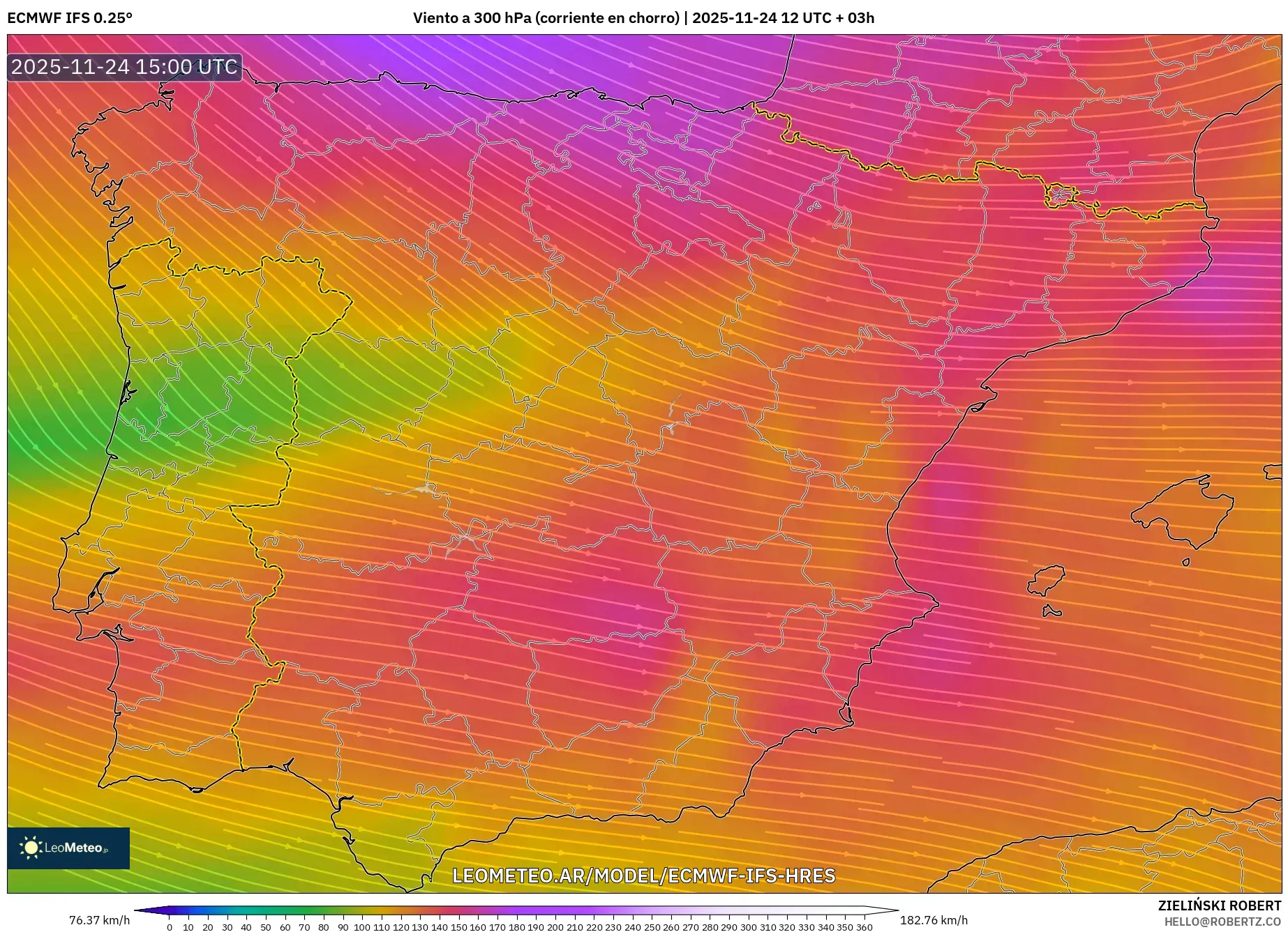 ECMWF IFS 0.25° model - España, Viento a 300 hPa (corriente en chorro)