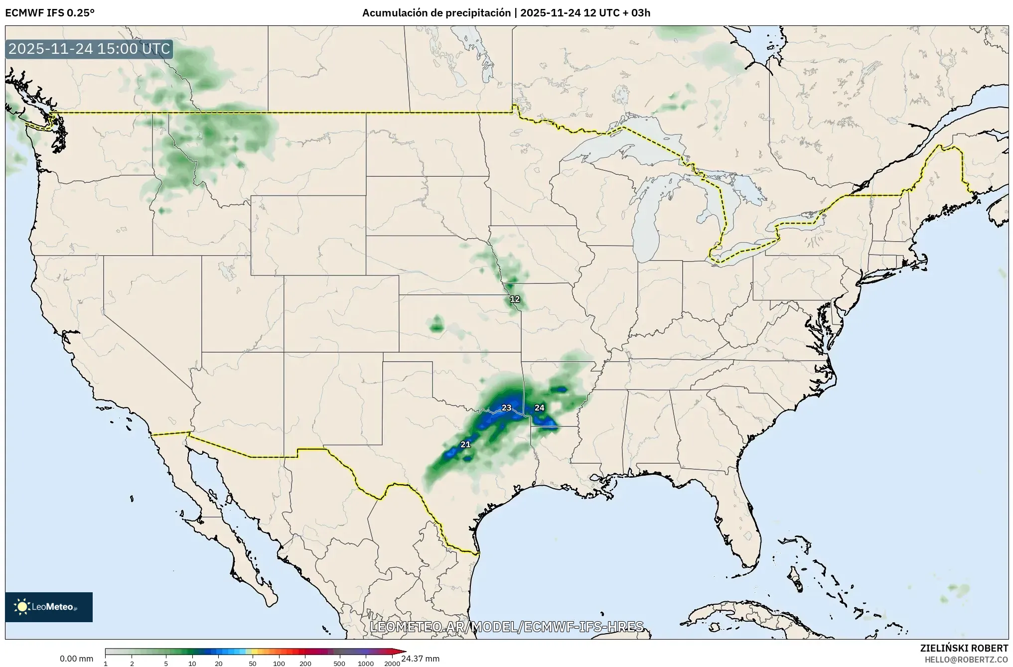 ECMWF IFS 0.25° model - Estados Unidos, Acumulación de precipitación