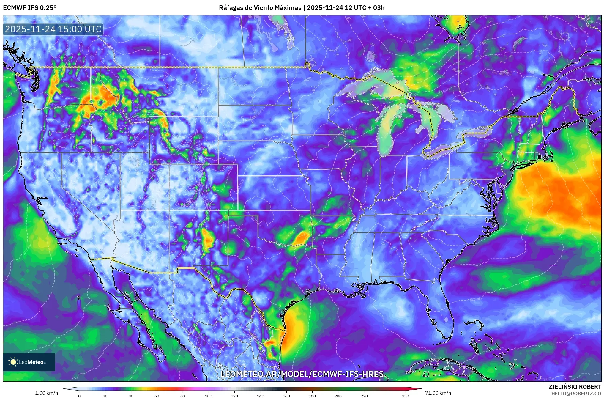 ECMWF IFS 0.25° model - Estados Unidos, Ráfagas de Viento Máximas