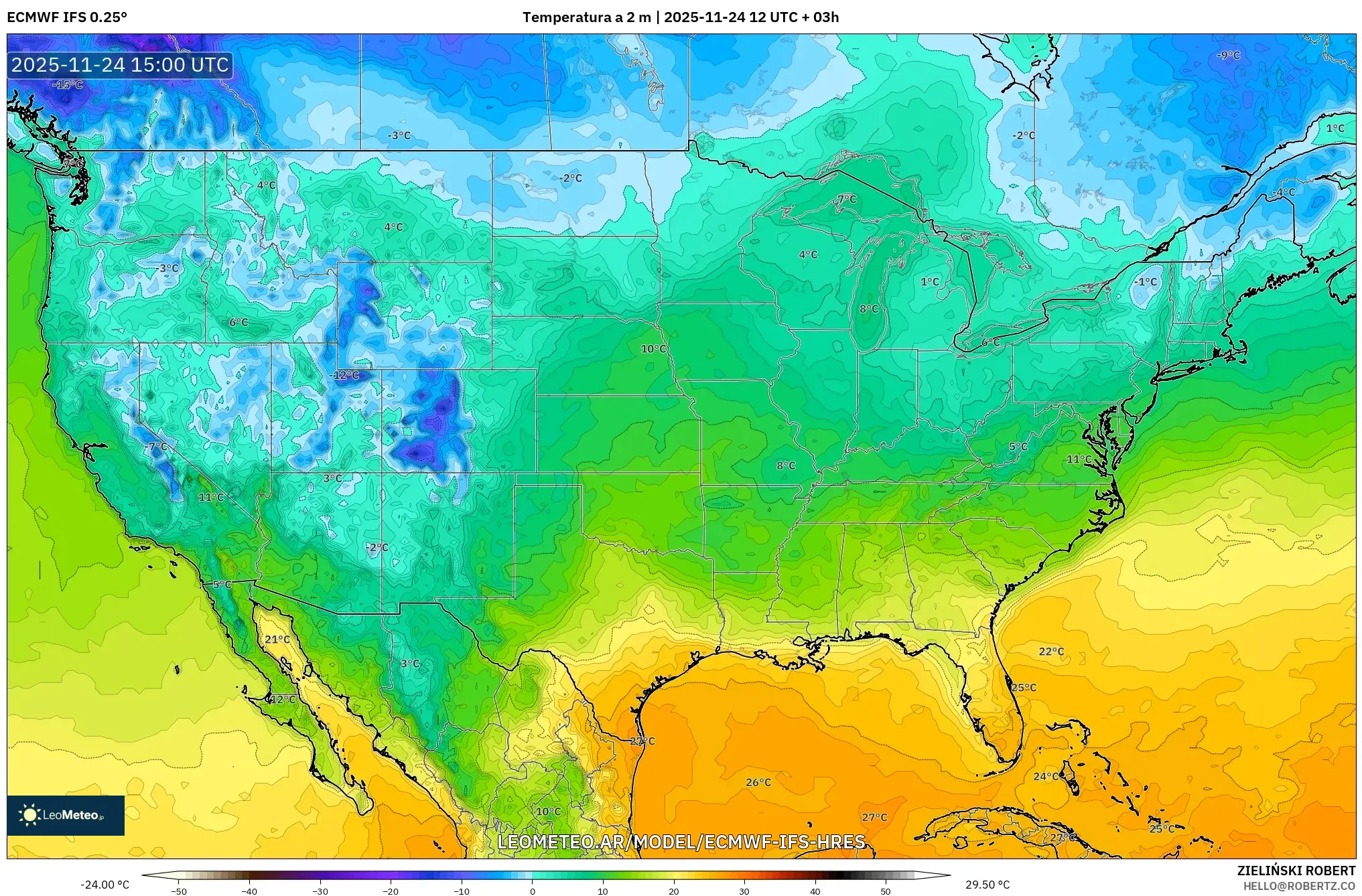 ECMWF IFS 0.25° model - Estados Unidos, Temperatura a 2 m