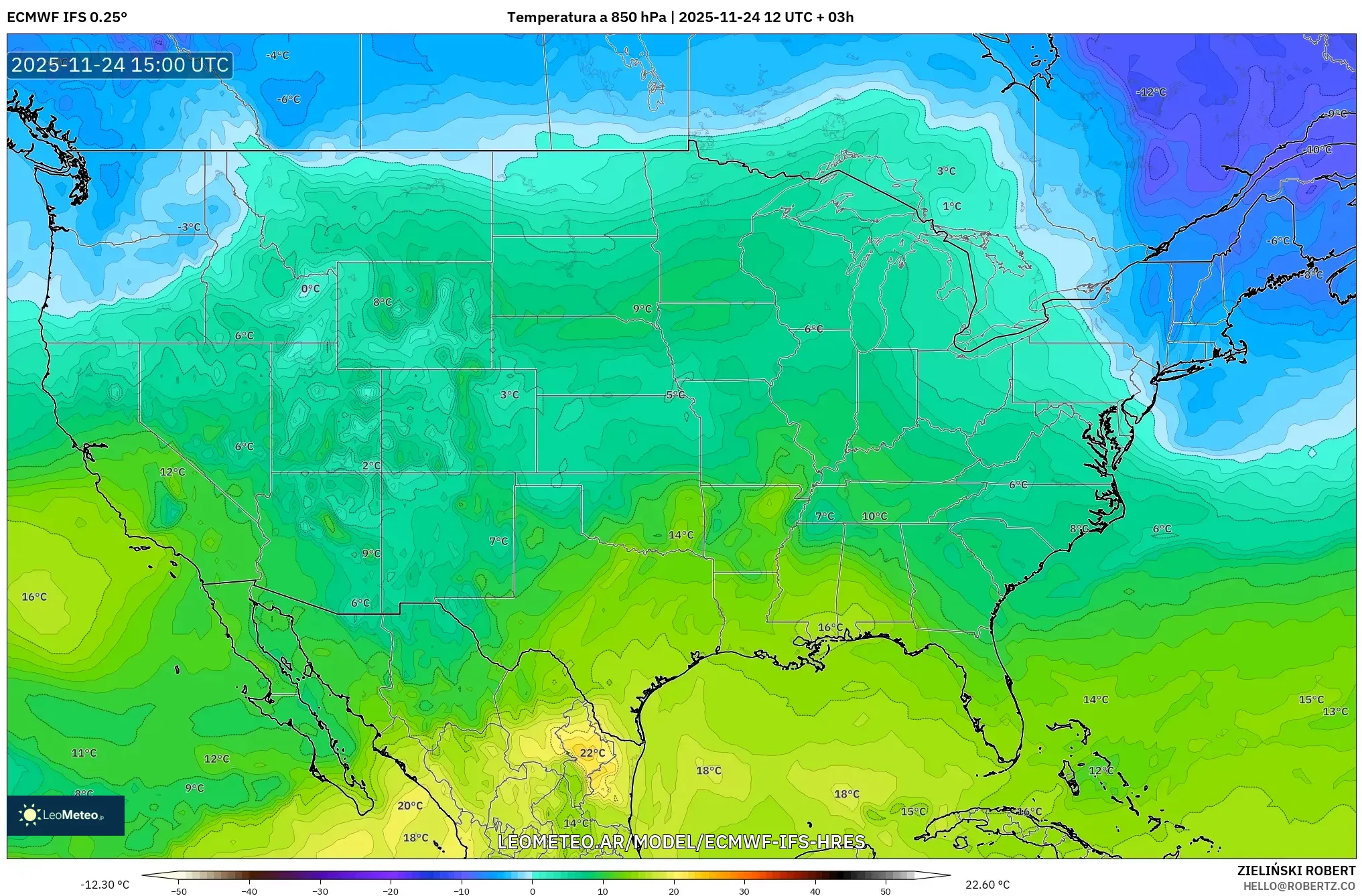 ECMWF IFS 0.25° model - Estados Unidos, Temperatura a 850 hPa