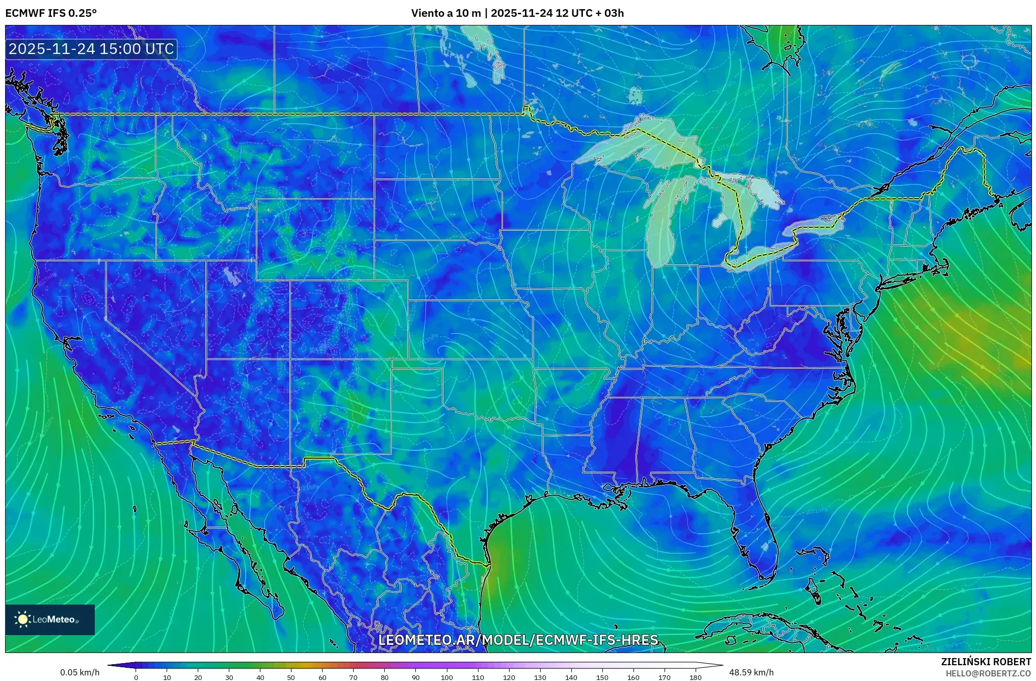 ECMWF IFS 0.25° model - Estados Unidos, Viento a 10 m
