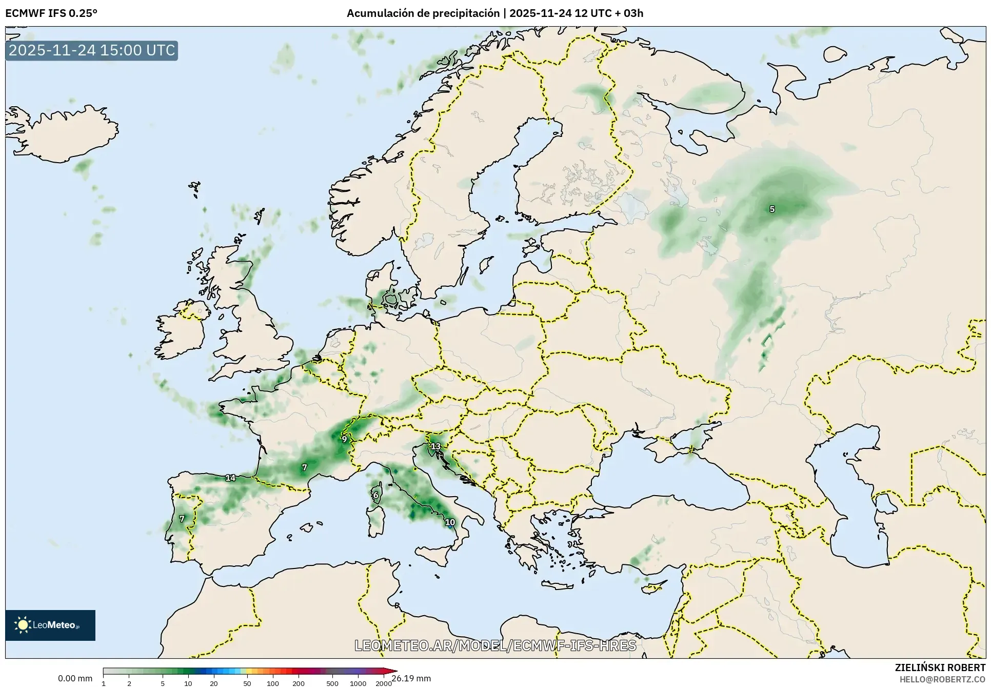 ECMWF IFS 0.25° model - Europa, Acumulación de precipitación