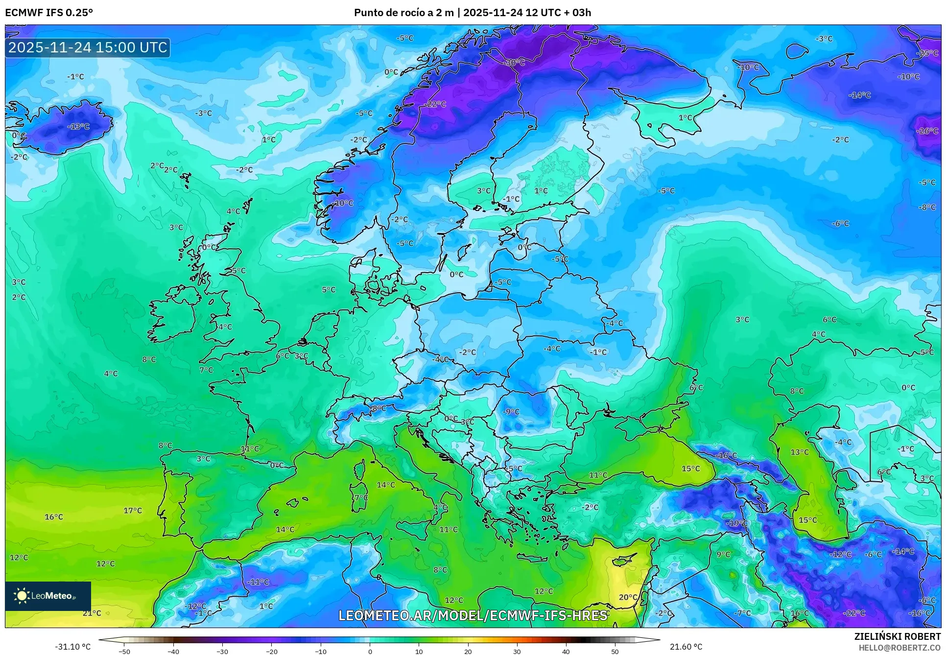 ECMWF IFS 0.25° model - Europa, Punto de rocío a 2 m