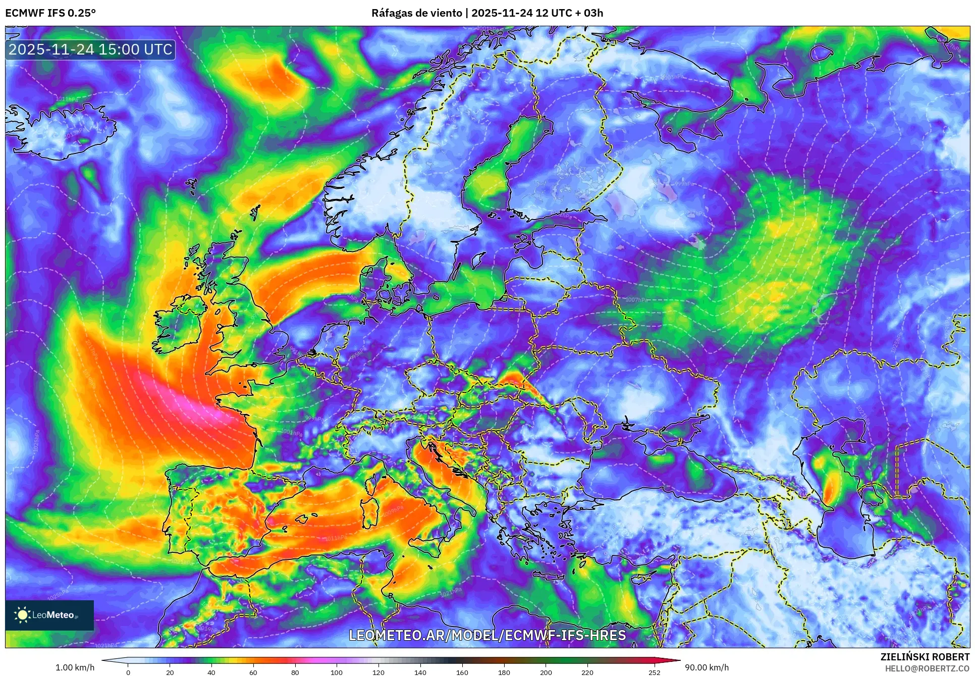 ECMWF IFS 0.25° model - Europa, Ráfagas de viento