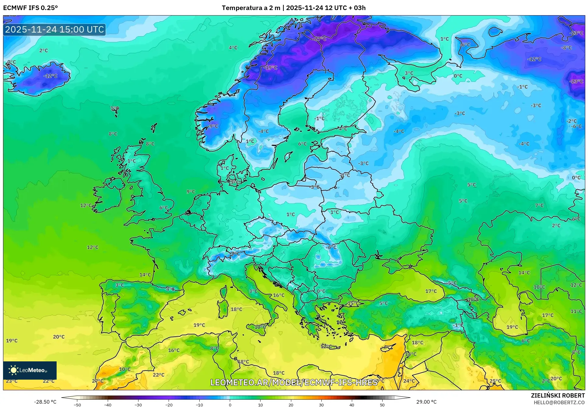 ECMWF IFS 0.25° model - Europa, Temperatura a 2 m