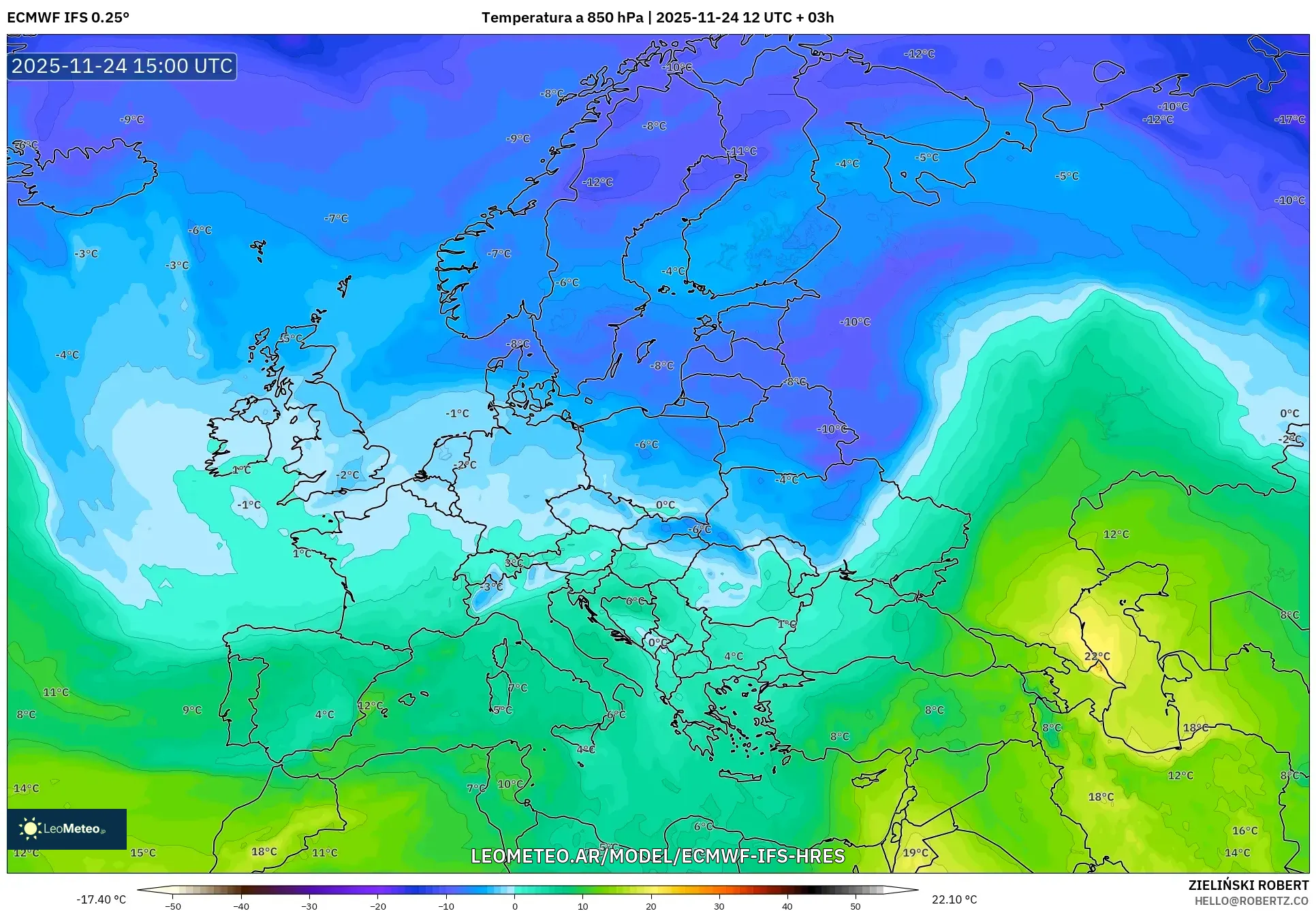 ECMWF IFS 0.25° model - Europa, Temperatura a 850 hPa