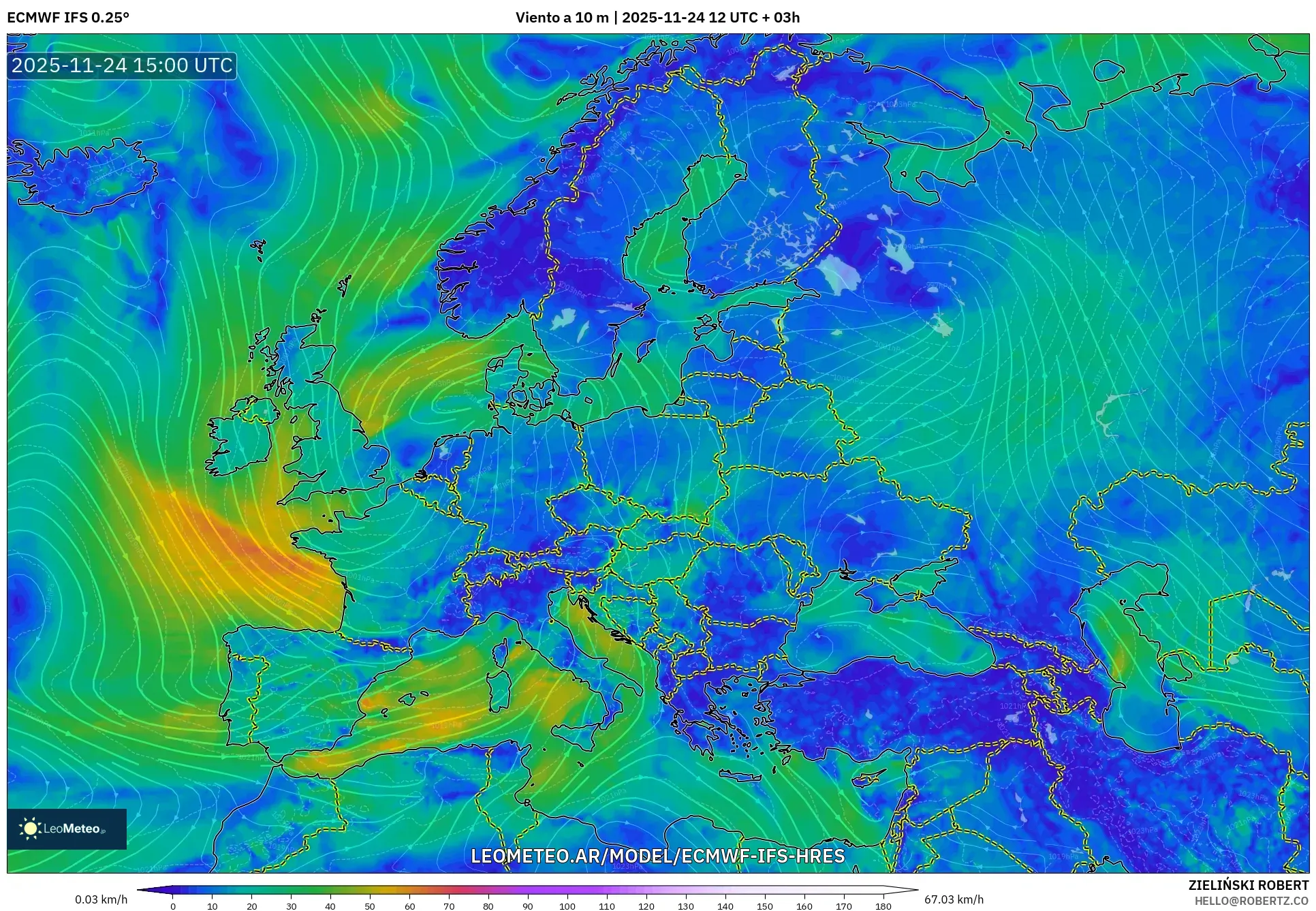 ECMWF IFS 0.25° model - Europa, Viento a 10 m