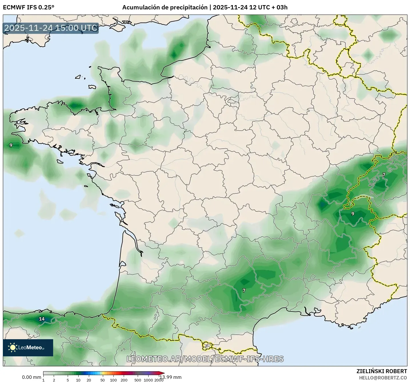 ECMWF IFS 0.25° model - Francia, Acumulación de precipitación