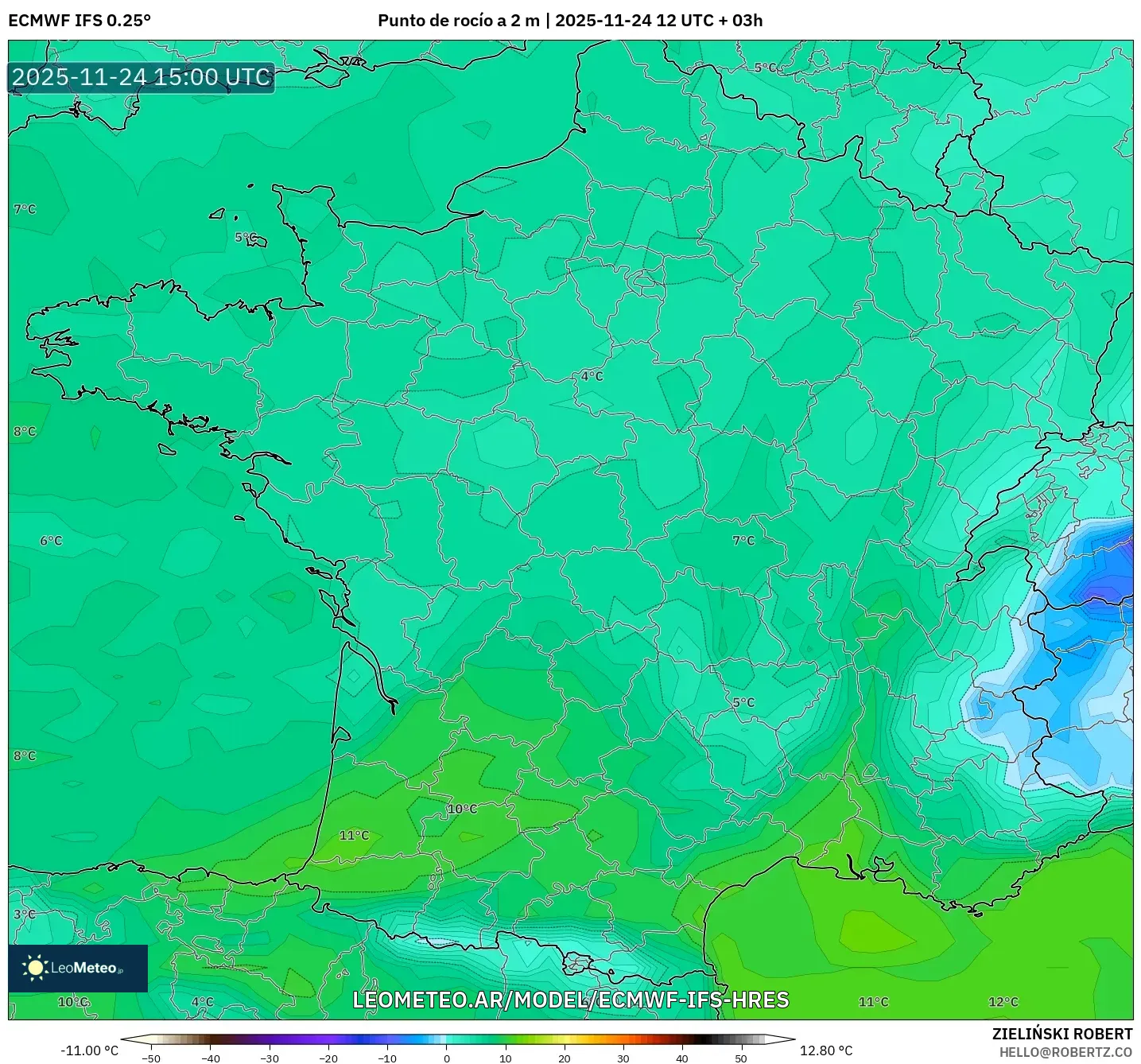 ECMWF IFS 0.25° model - Francia, Punto de rocío a 2 m