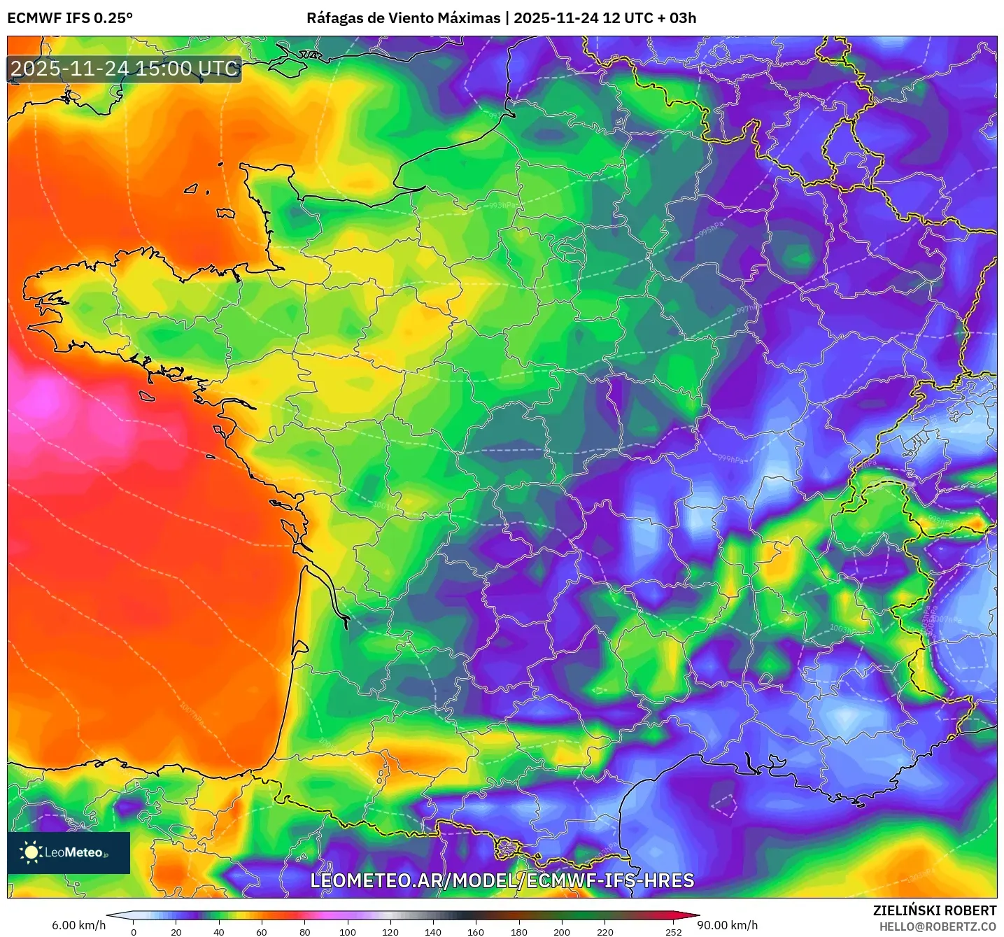 ECMWF IFS 0.25° model - Francia, Ráfagas de Viento Máximas