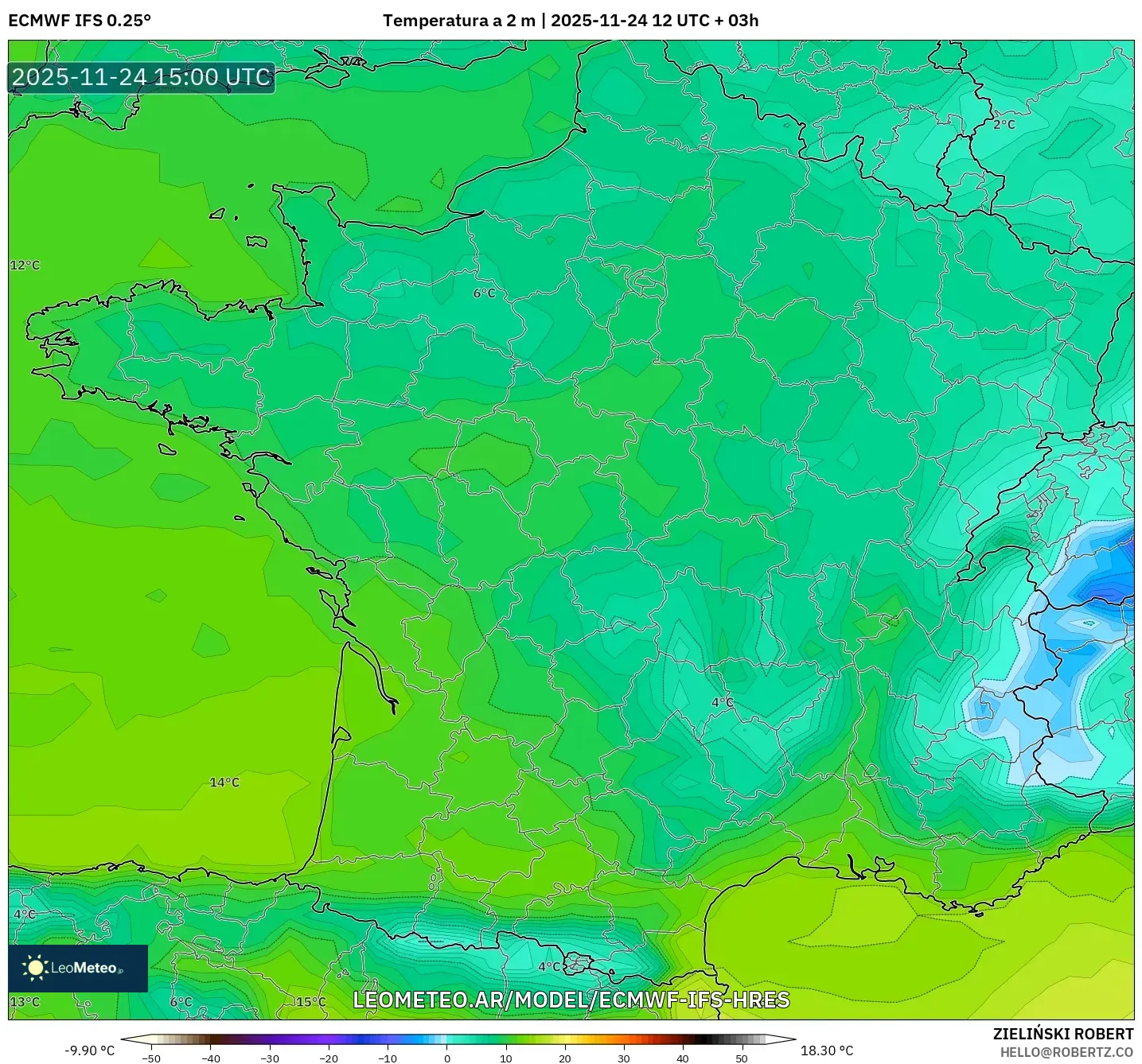 ECMWF IFS 0.25° model - Francia, Temperatura a 2 m