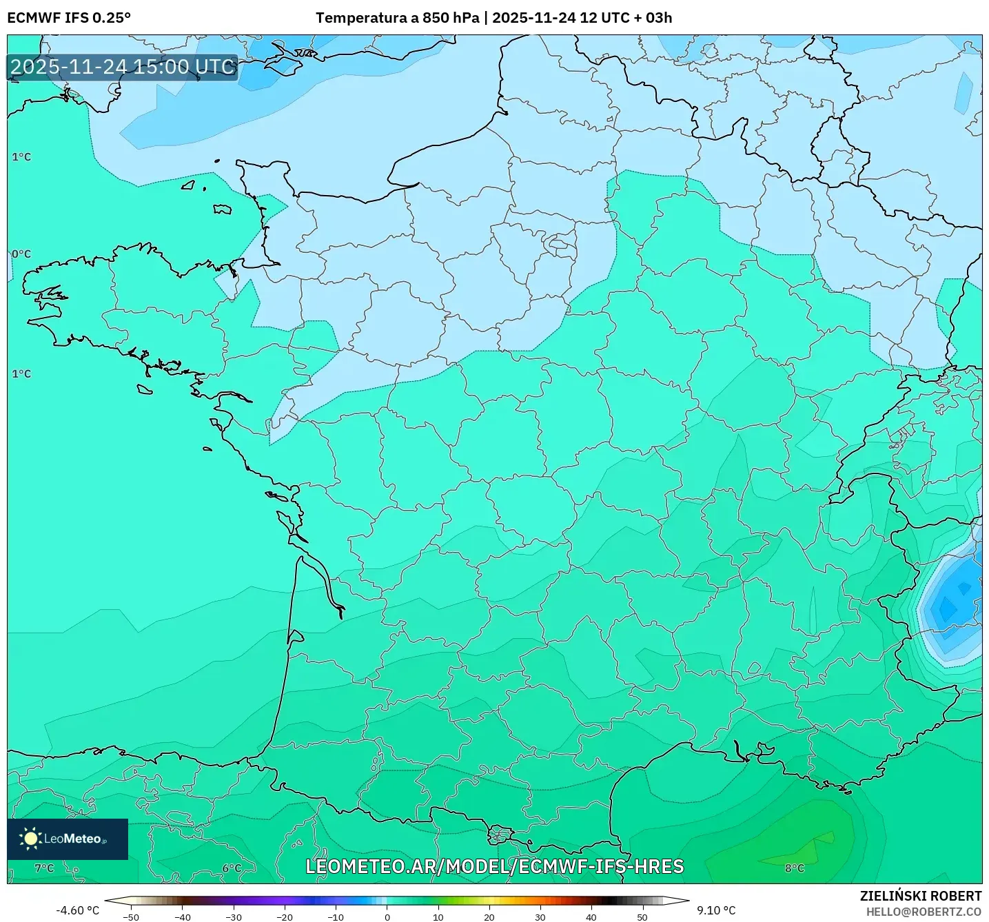 ECMWF IFS 0.25° model - Francia, Temperatura a 850 hPa