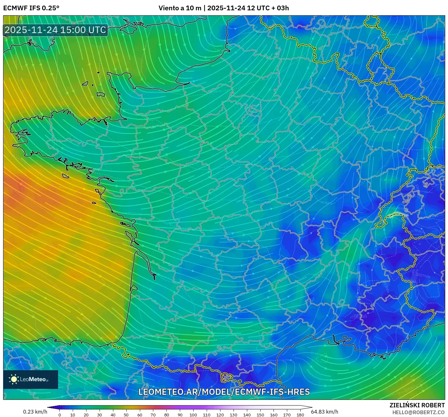 ECMWF IFS 0.25° model - Francia, Viento a 10 m