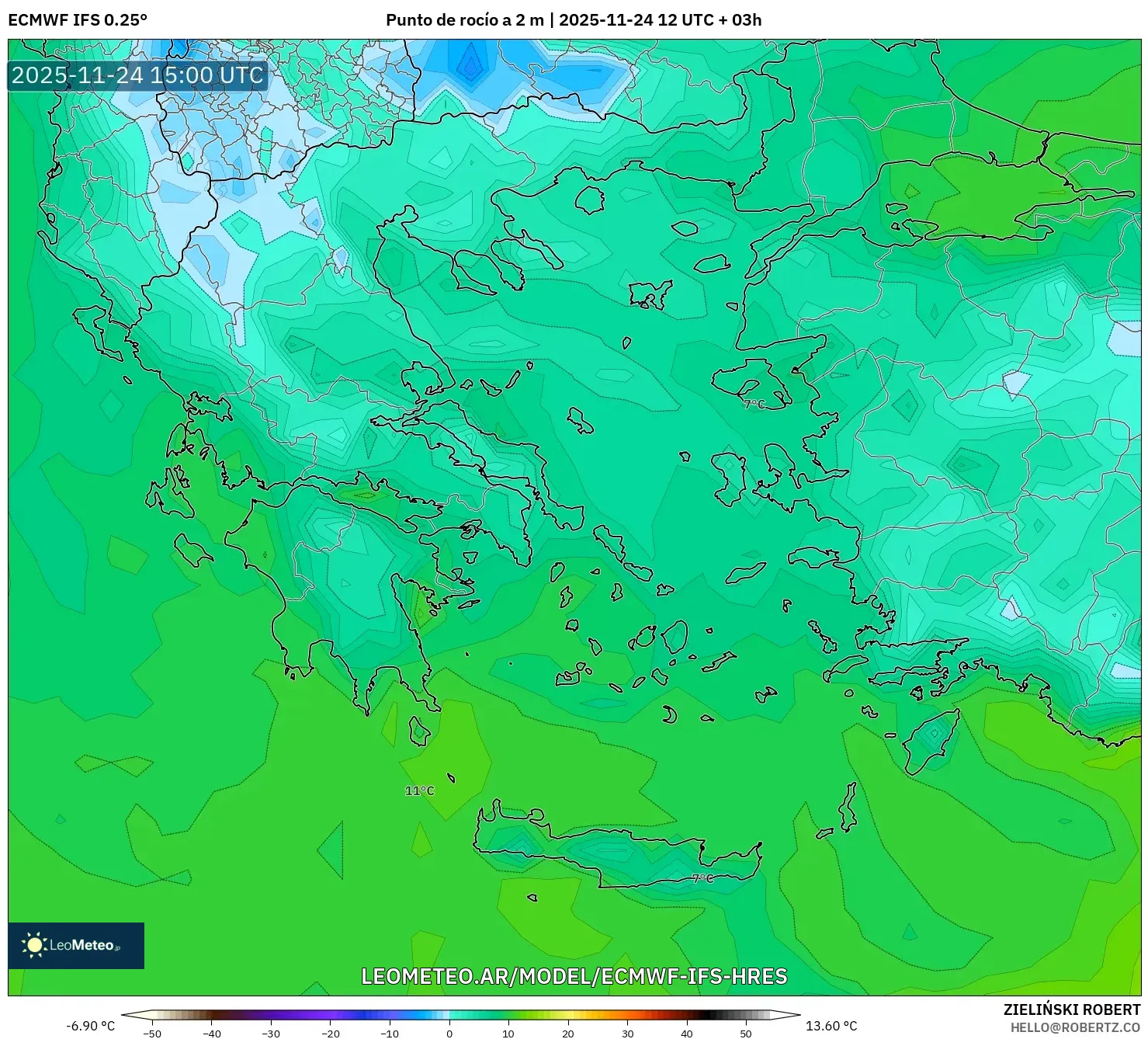 ECMWF IFS 0.25° model - Grecia, Punto de rocío a 2 m