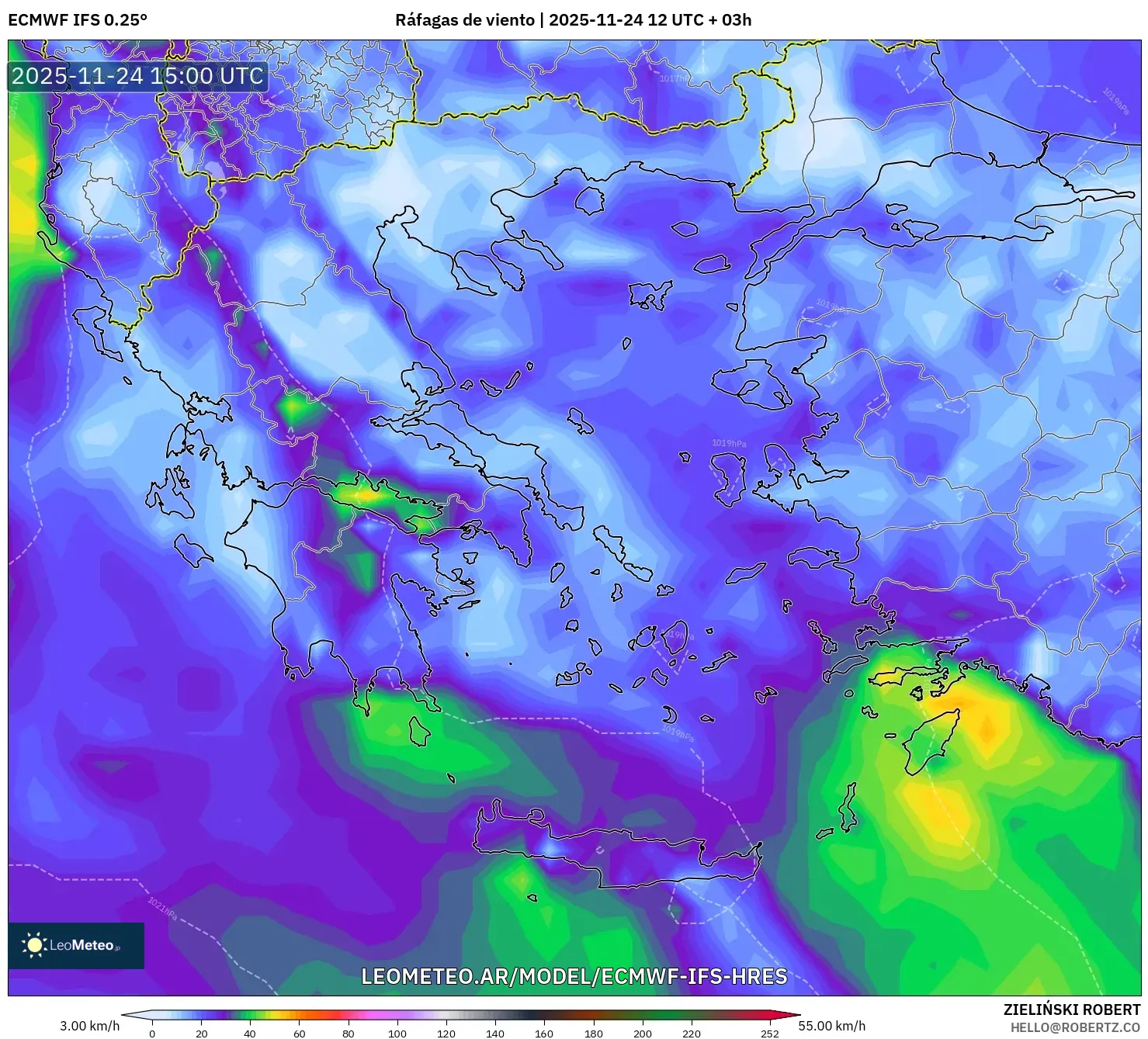 ECMWF IFS 0.25° model - Grecia, Ráfagas de viento