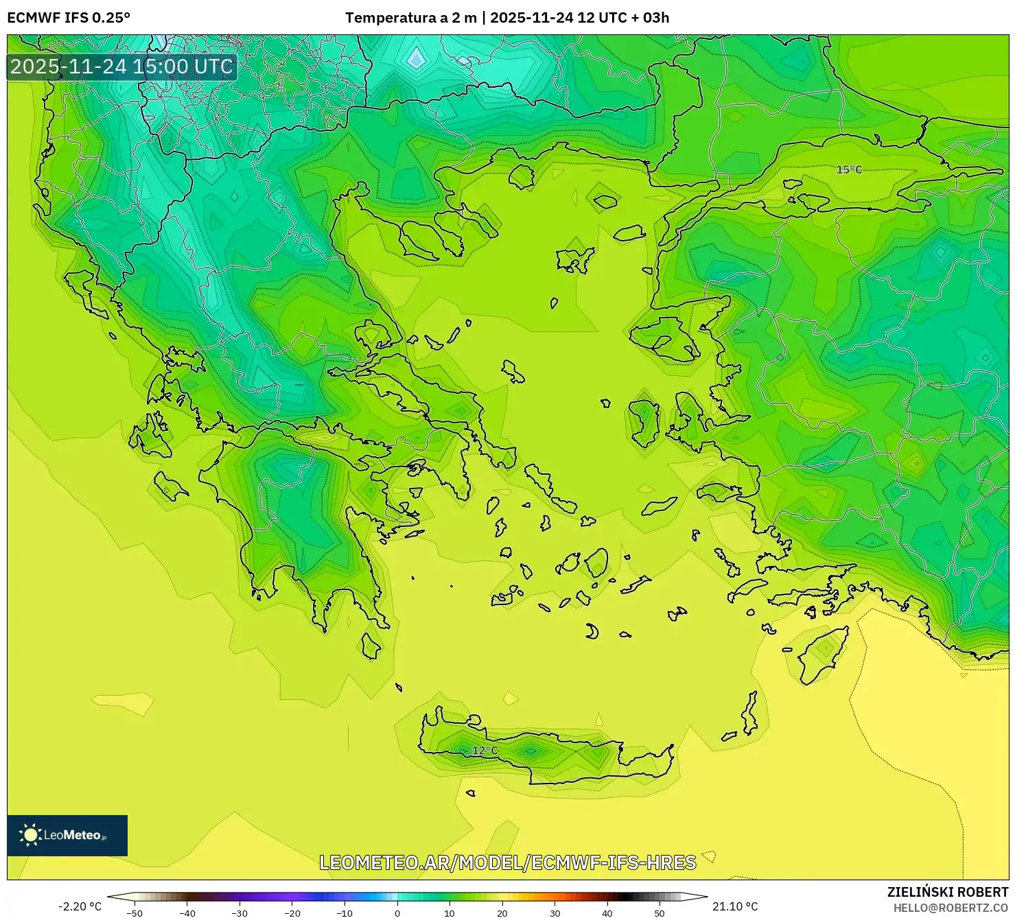 ECMWF IFS 0.25° model - Grecia, Temperatura a 2 m