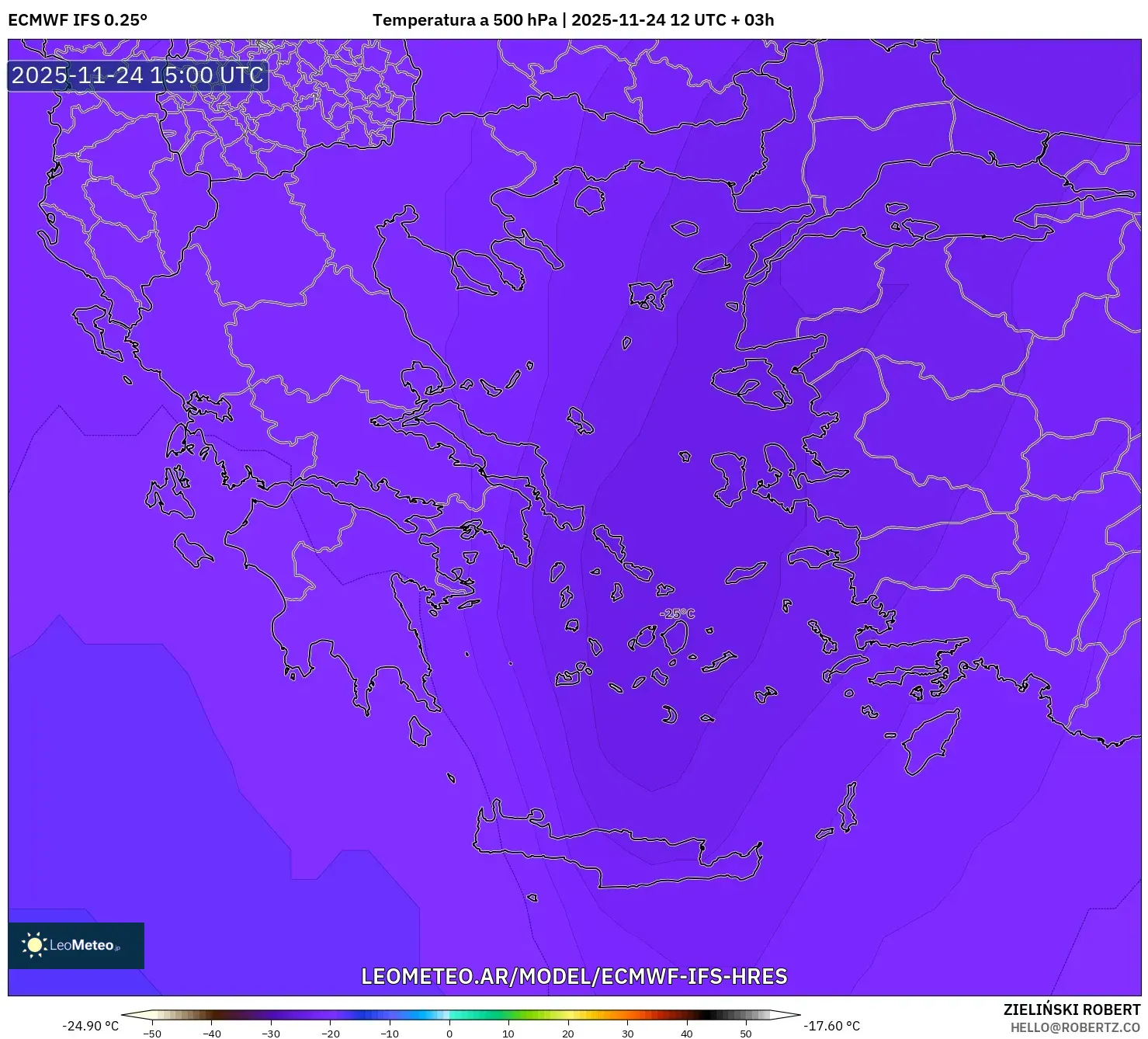 ECMWF IFS 0.25° model - Grecia, Temperatura a 500 hPa