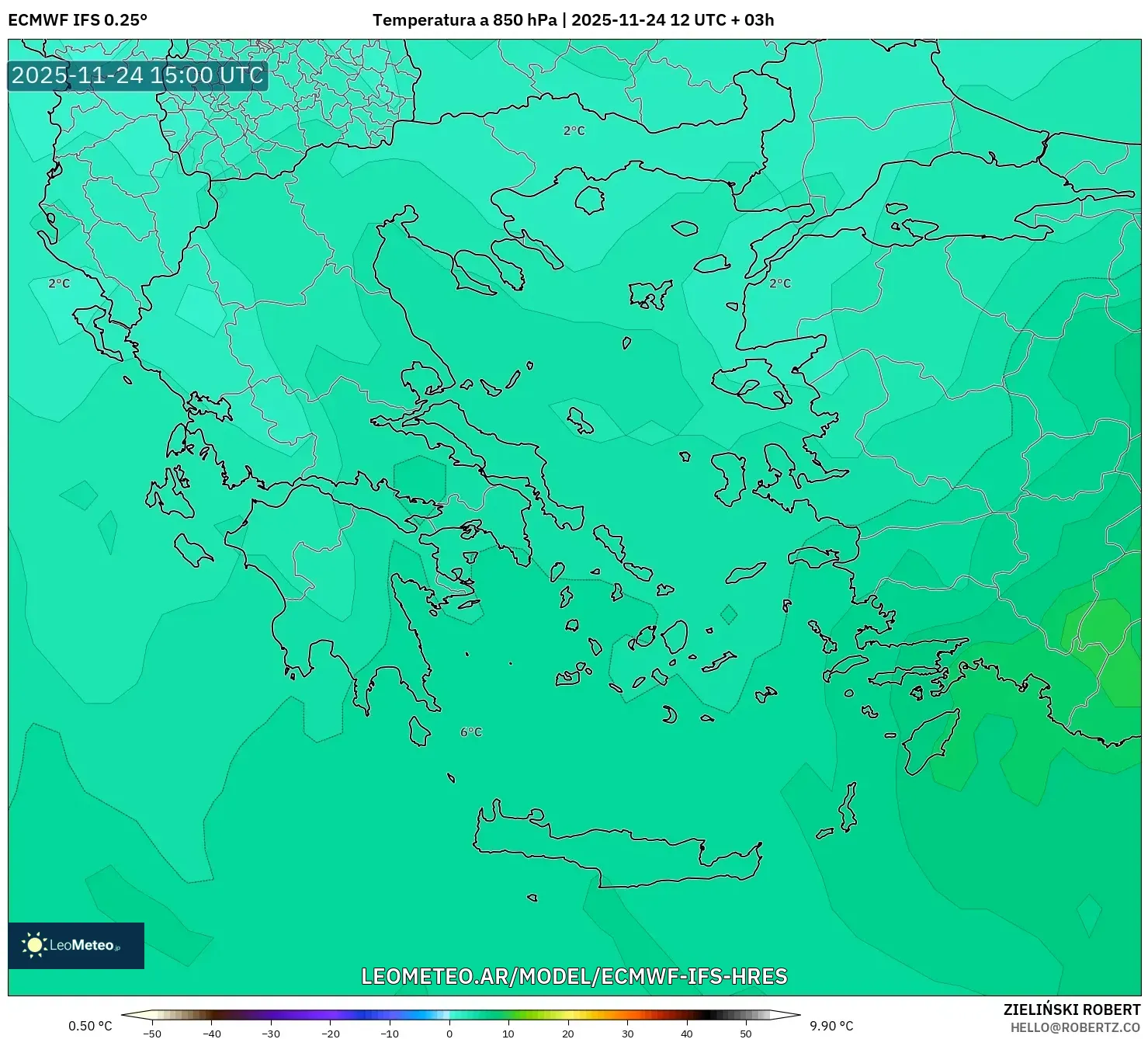 ECMWF IFS 0.25° model - Grecia, Temperatura a 850 hPa
