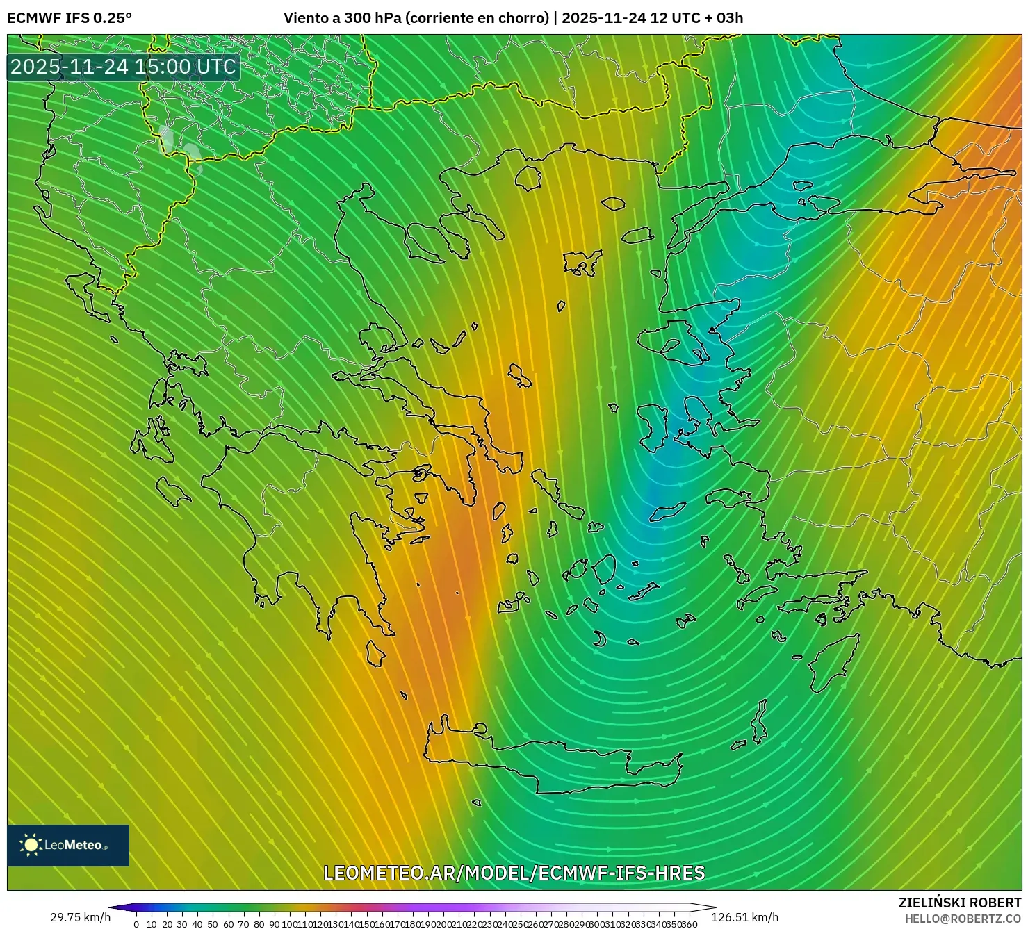 ECMWF IFS 0.25° model - Grecia, Viento a 300 hPa (corriente en chorro)