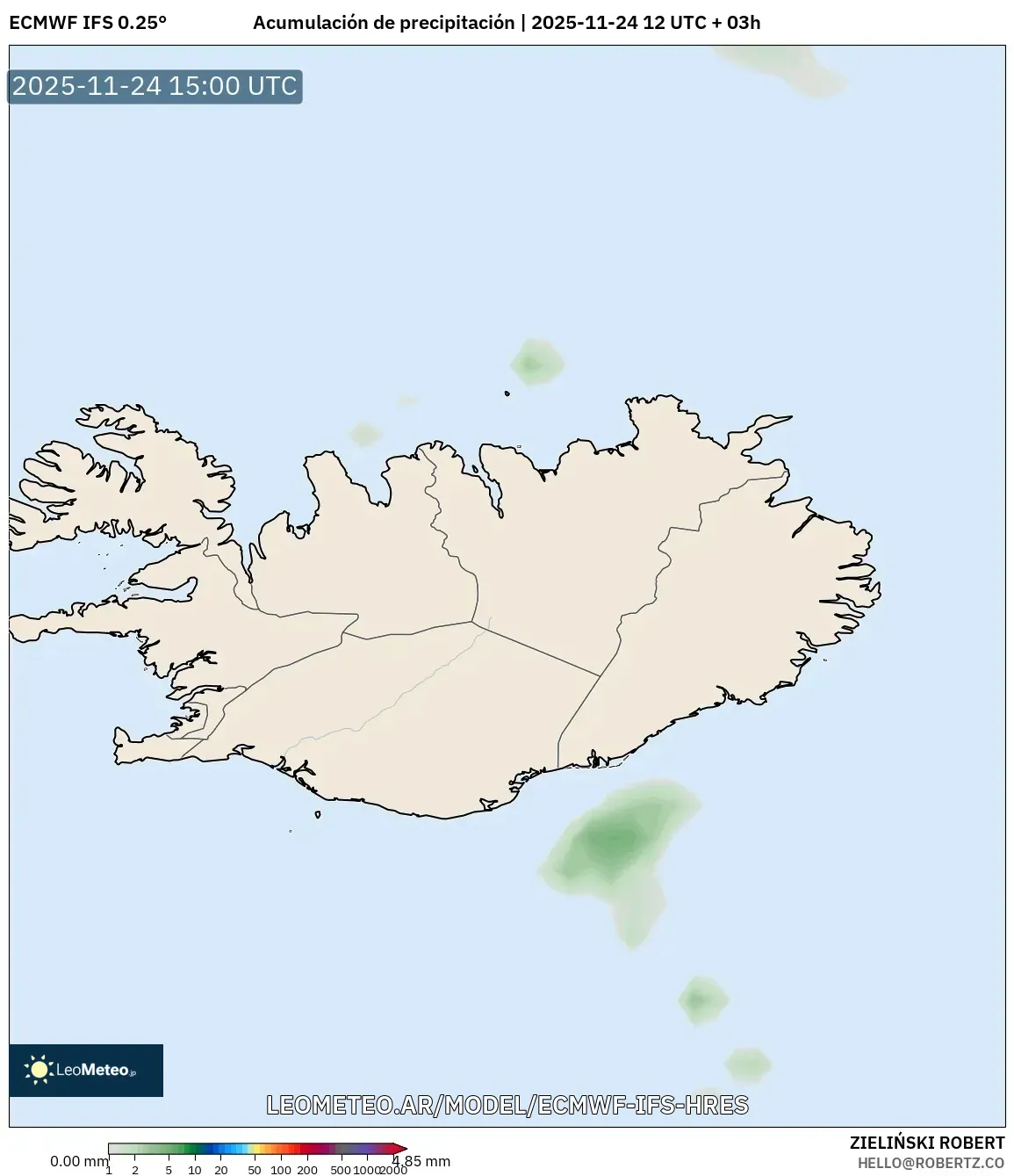 ECMWF IFS 0.25° model - Islandia, Acumulación de precipitación
